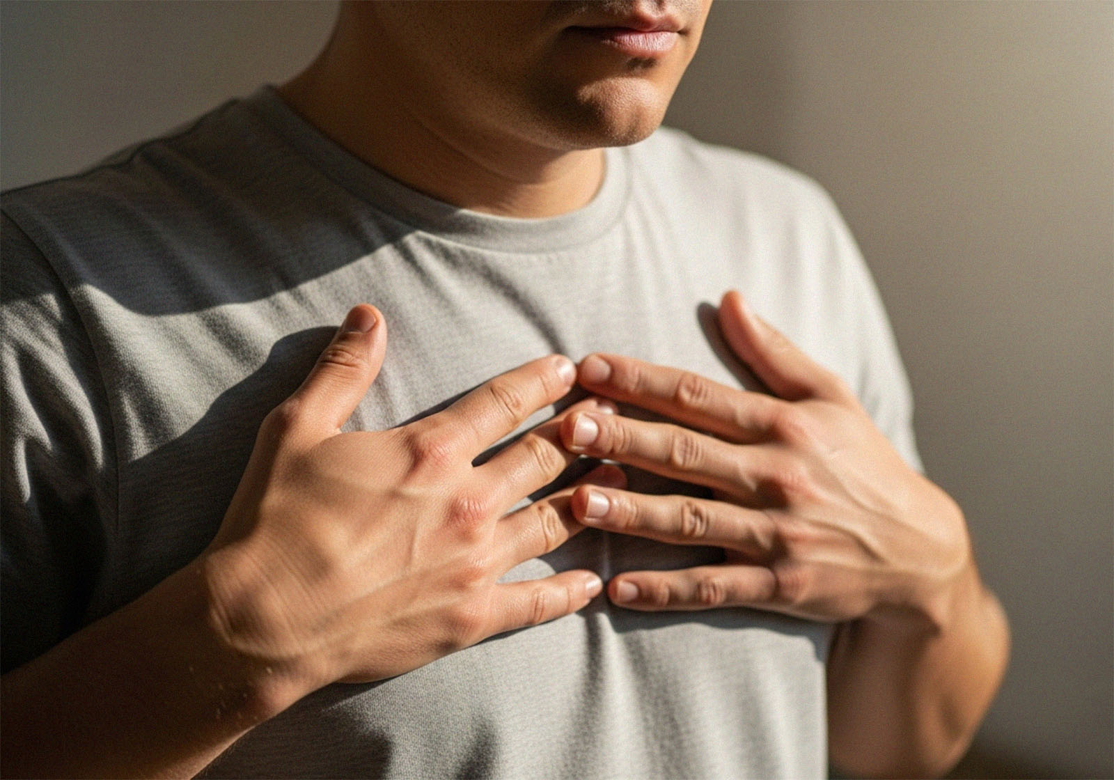 Close-up of a man’s hands on chest and abdomen during mindful breathing
