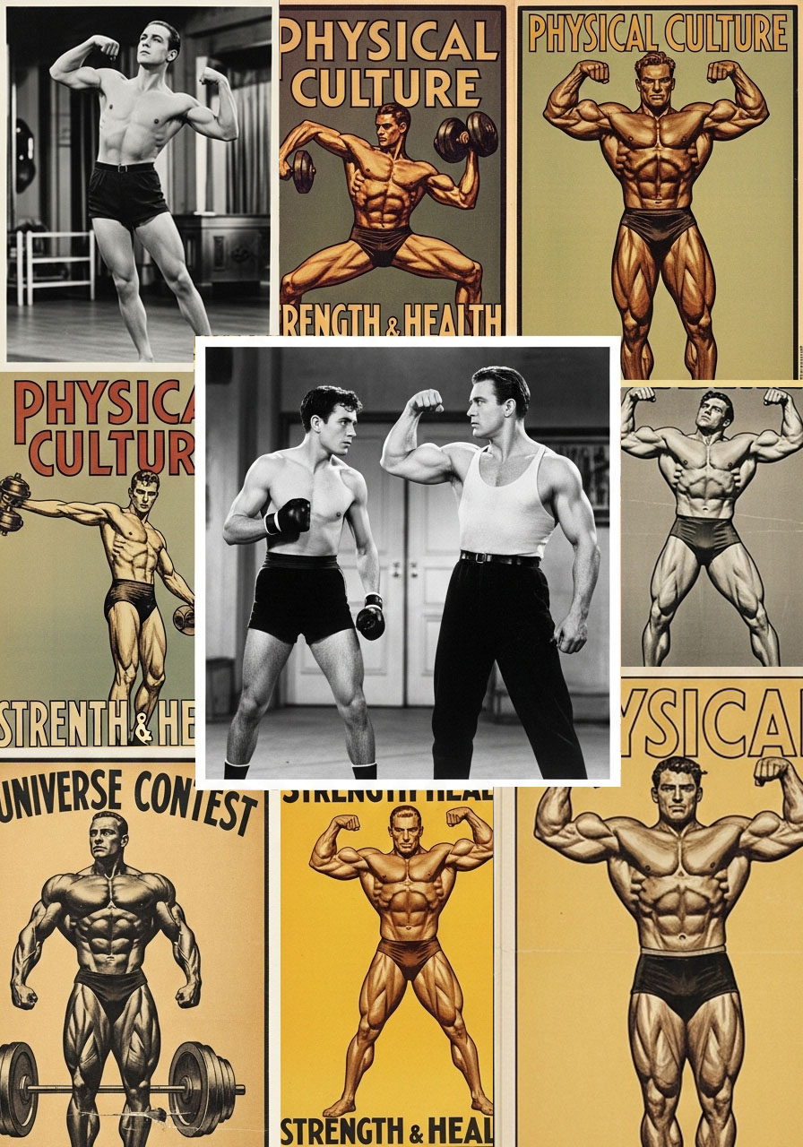 Collage of early bodybuilding posters and a film still contrasting lean and bulky male physiques