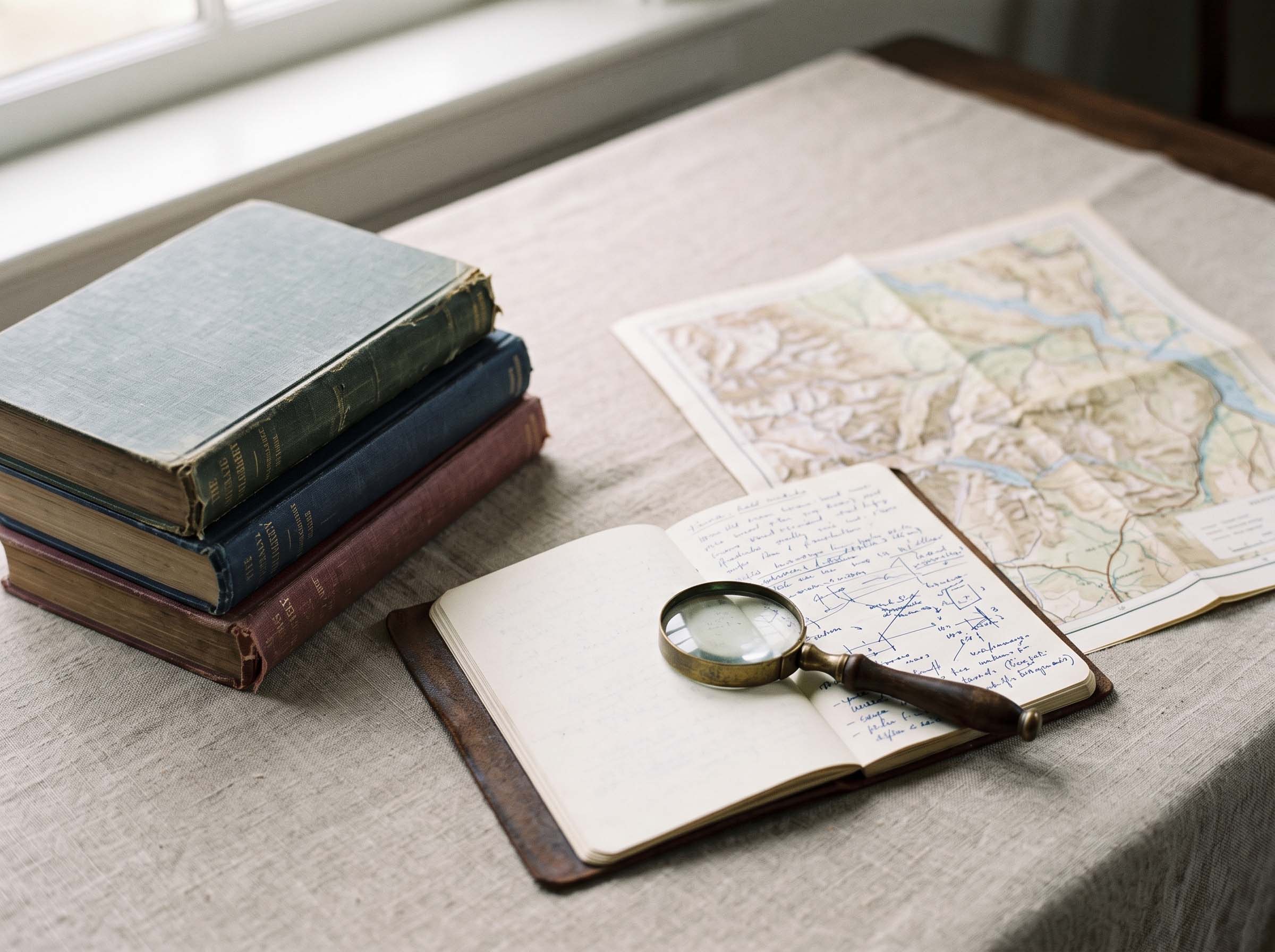 Ethnographic field notebook, cloth-bound anthropology volumes and a regional map arranged on linen in soft daylight