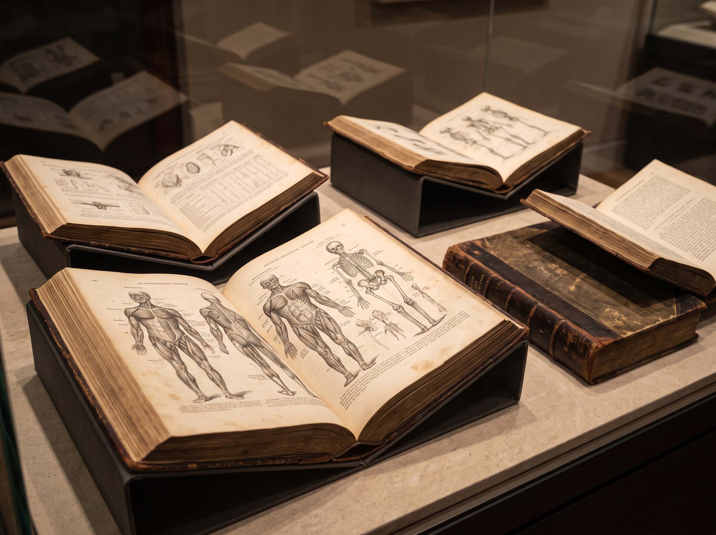 Nineteenth-century medical and anthropological volumes open in a museum display case