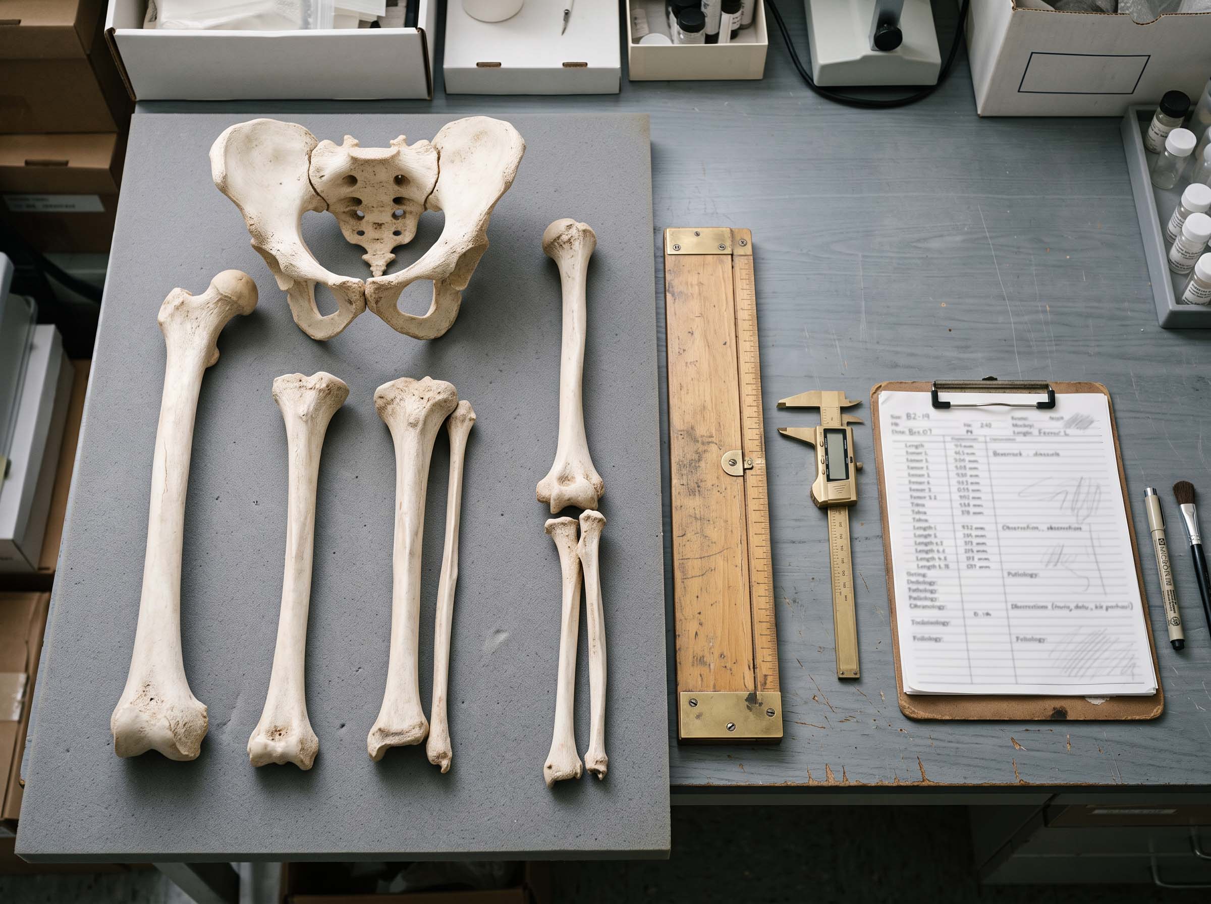 A bioarchaeology laboratory bench with skeletal remains laid out for measurement and recording