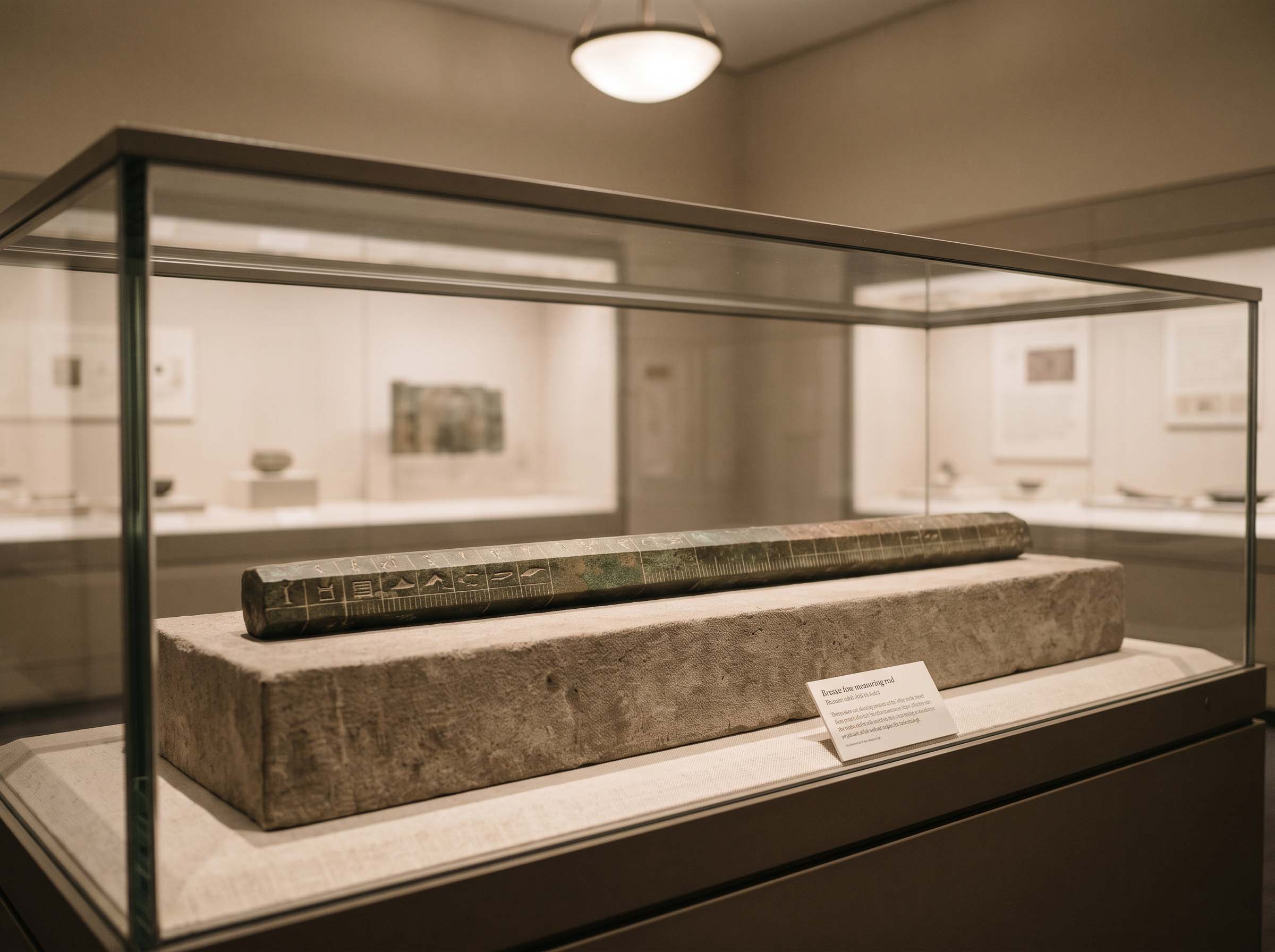 An ancient bronze measuring rod displayed in a museum case, illustrating the long history of standardized measurement
