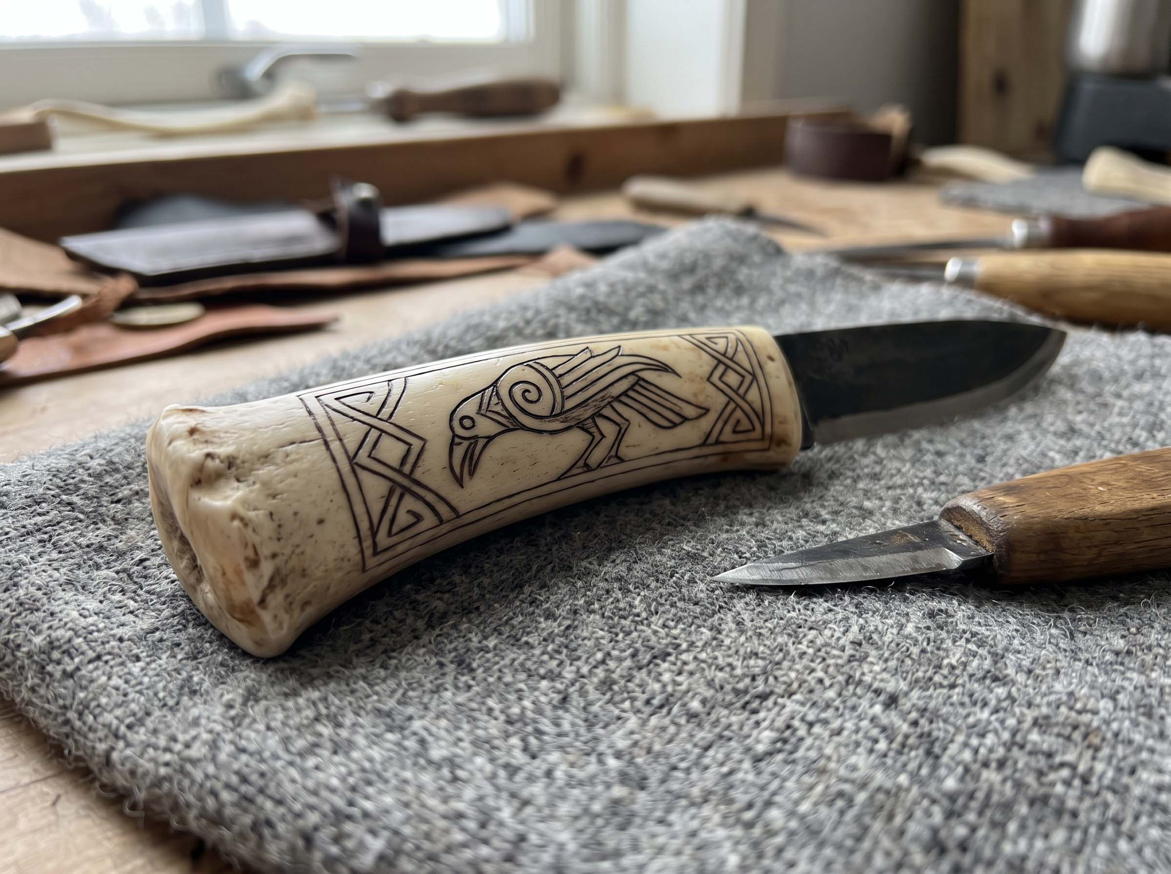 A carved bone knife handle of Arctic Indigenous craftsmanship resting on woven cloth