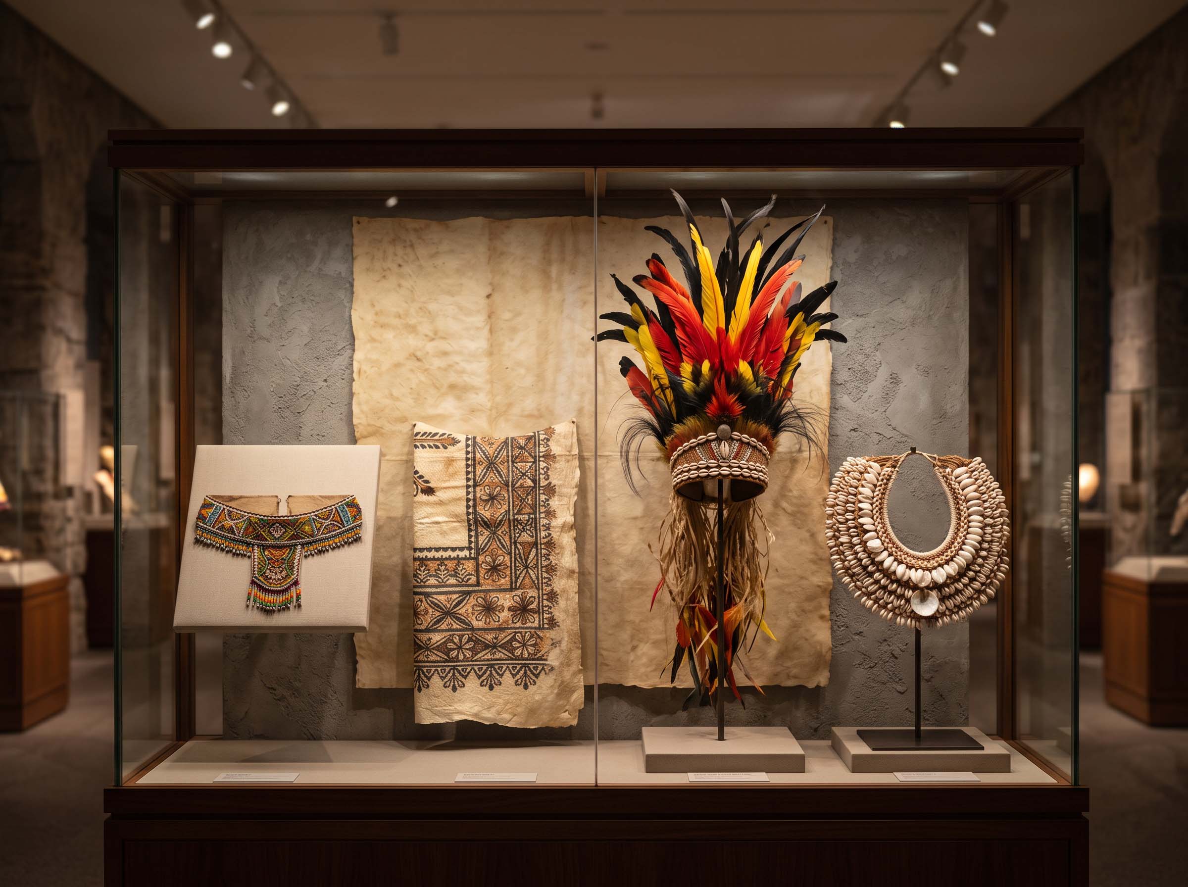 Museum vitrine displaying ceremonial garments and body ornaments from several world regions