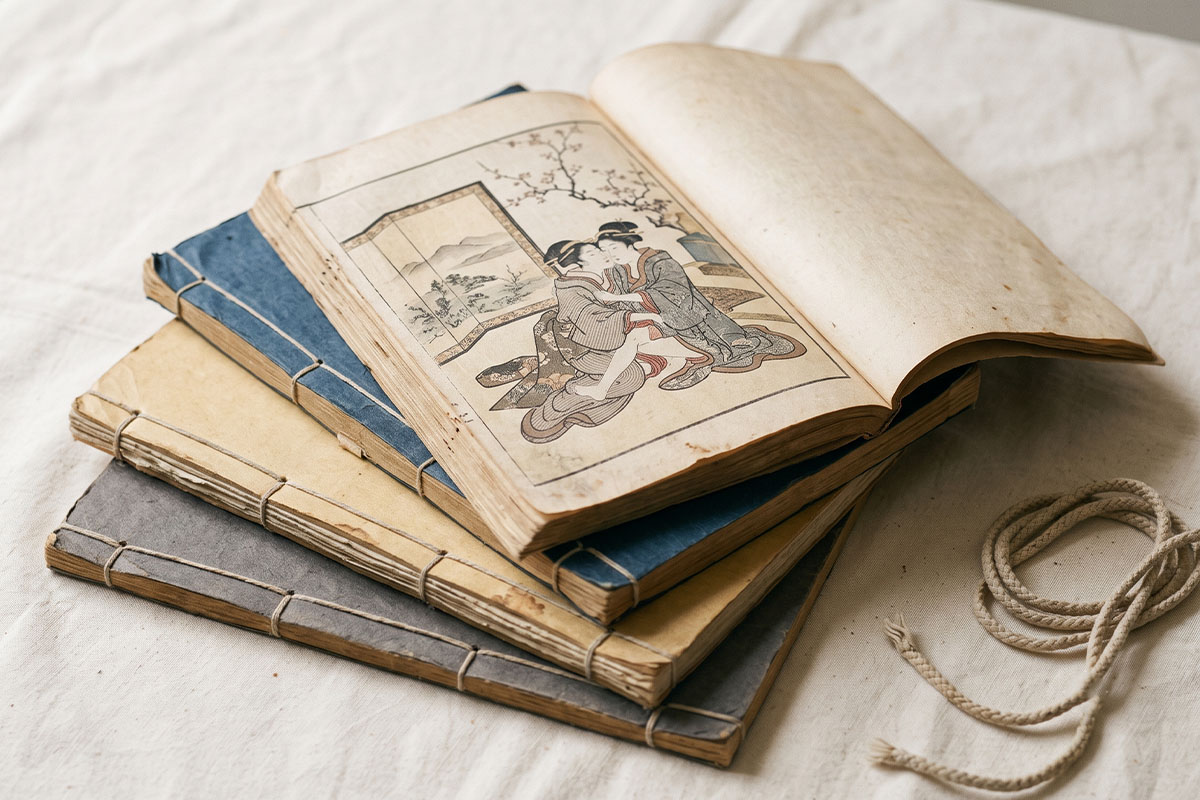 A stack of Edo-period Japanese bound woodblock-printed books with worn paper covers and cord stitching