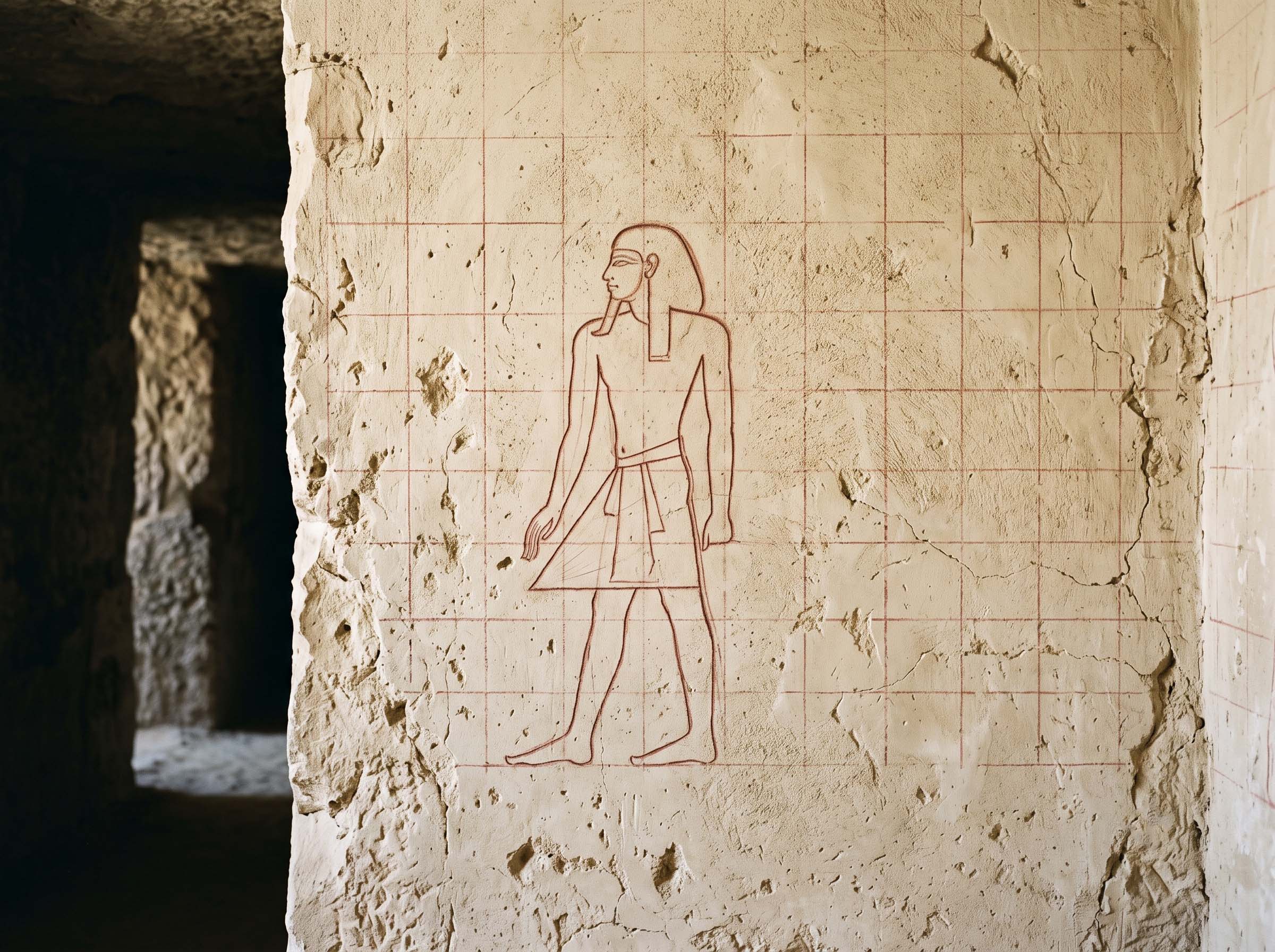 Unfinished Egyptian tomb wall showing red grid lines and a partially drawn standing figure