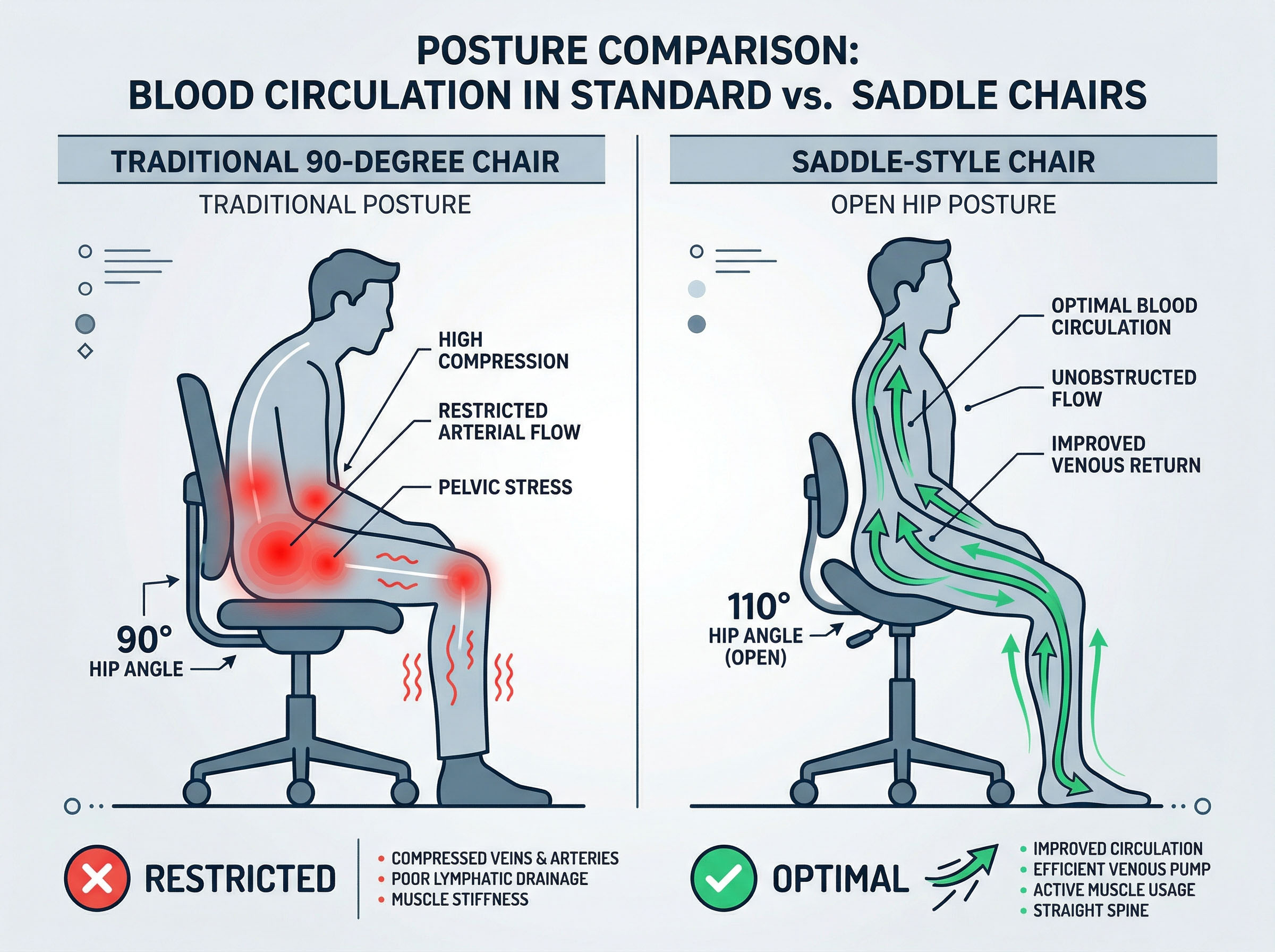 Comparison of standard office chair posture versus ergonomic open hip posture showing difference in pelvic blood flow