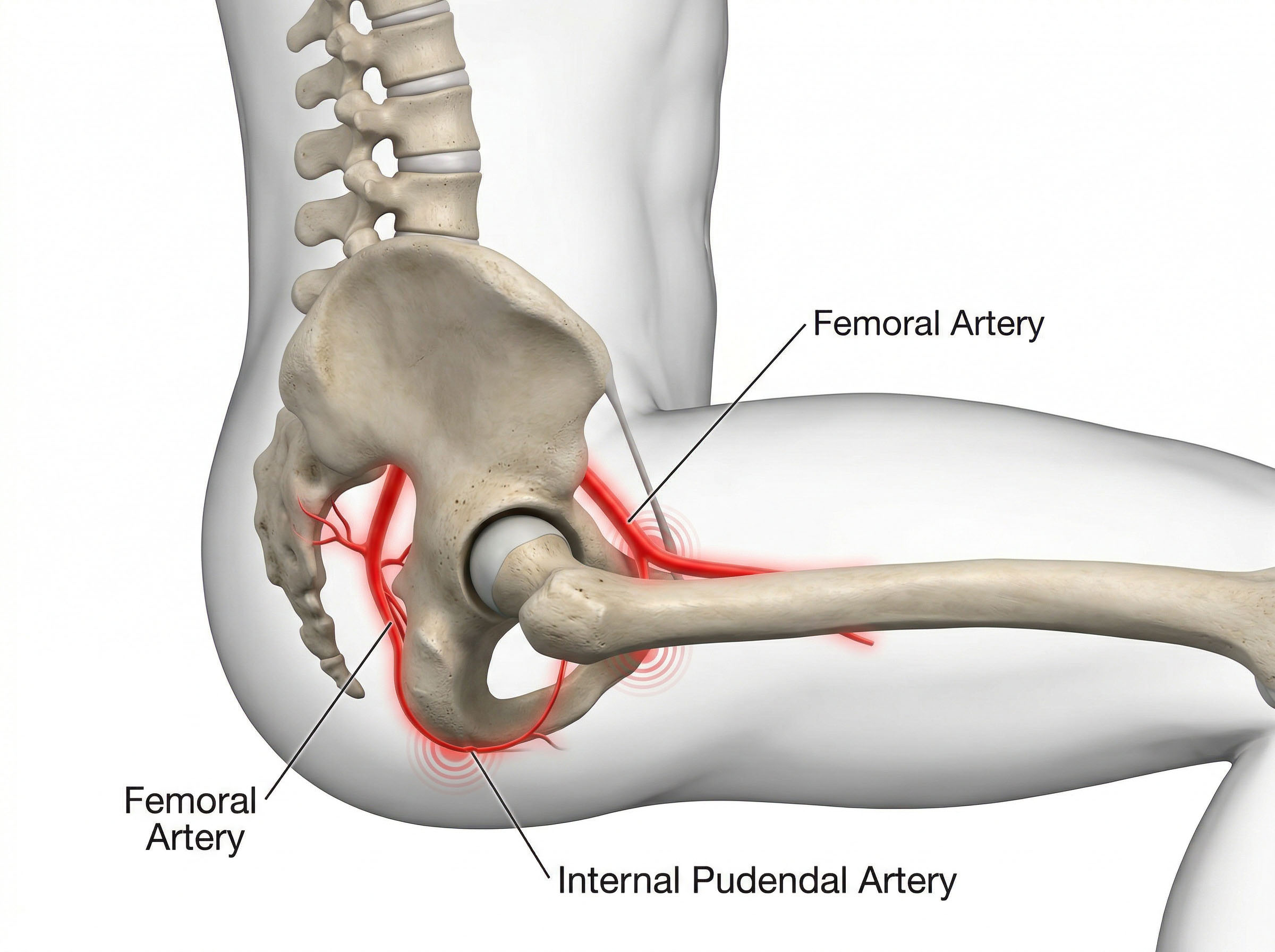 Diagram showing how prolonged sitting compresses pelvic blood vessels and reduces circulation to the male genitals