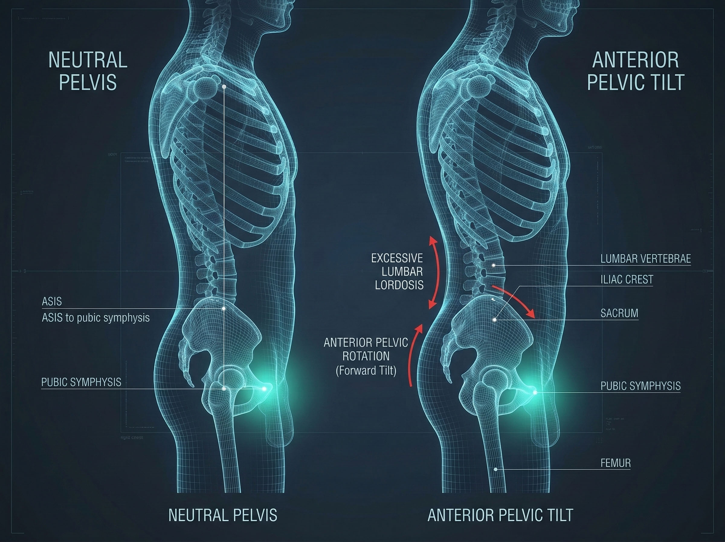 Diagram showing the skeletal alignment of a neutral pelvis versus Anterior Pelvic Tilt