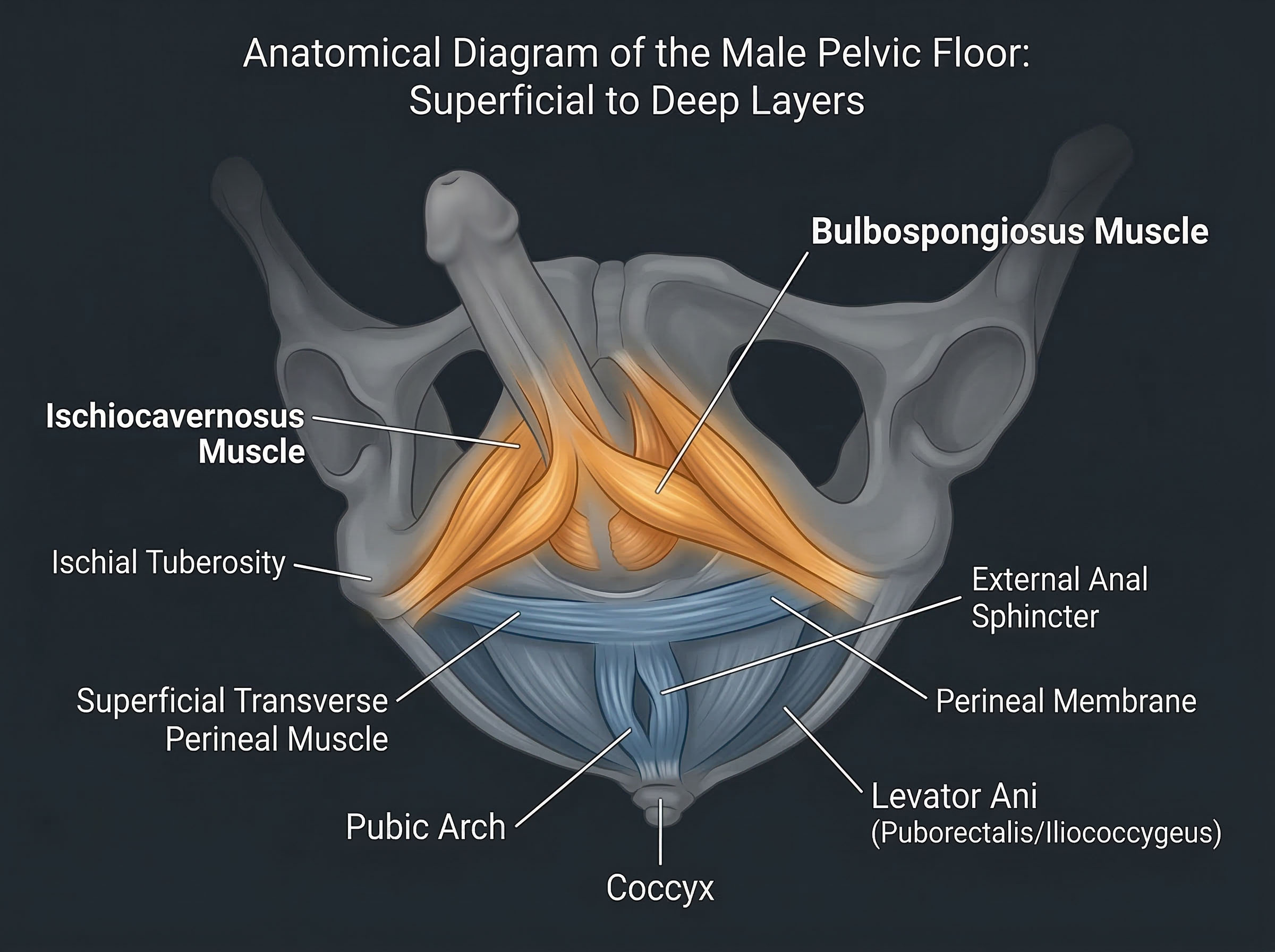 Anatomical diagram of male pelvic floor muscles including ischiocavernosus, bulbospongiosus, and pubococcygeus layers