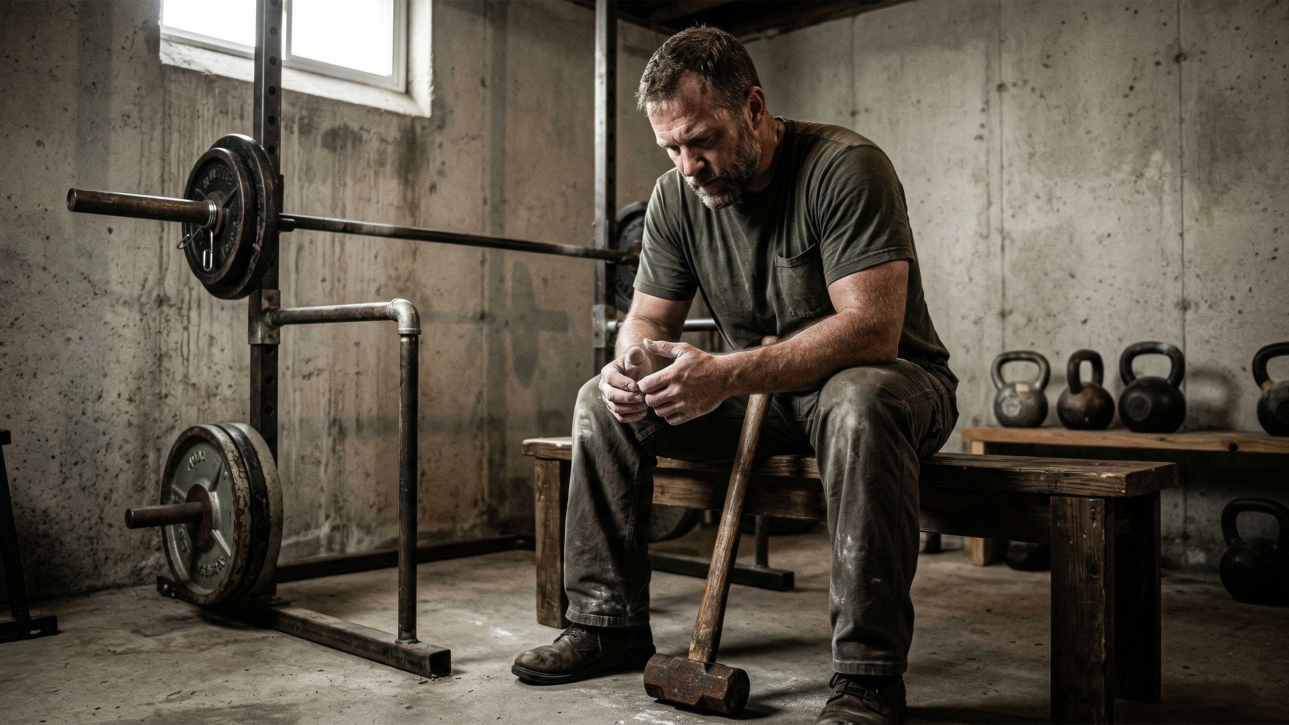A man focusing on functional strength and manual work in a rugged environment.