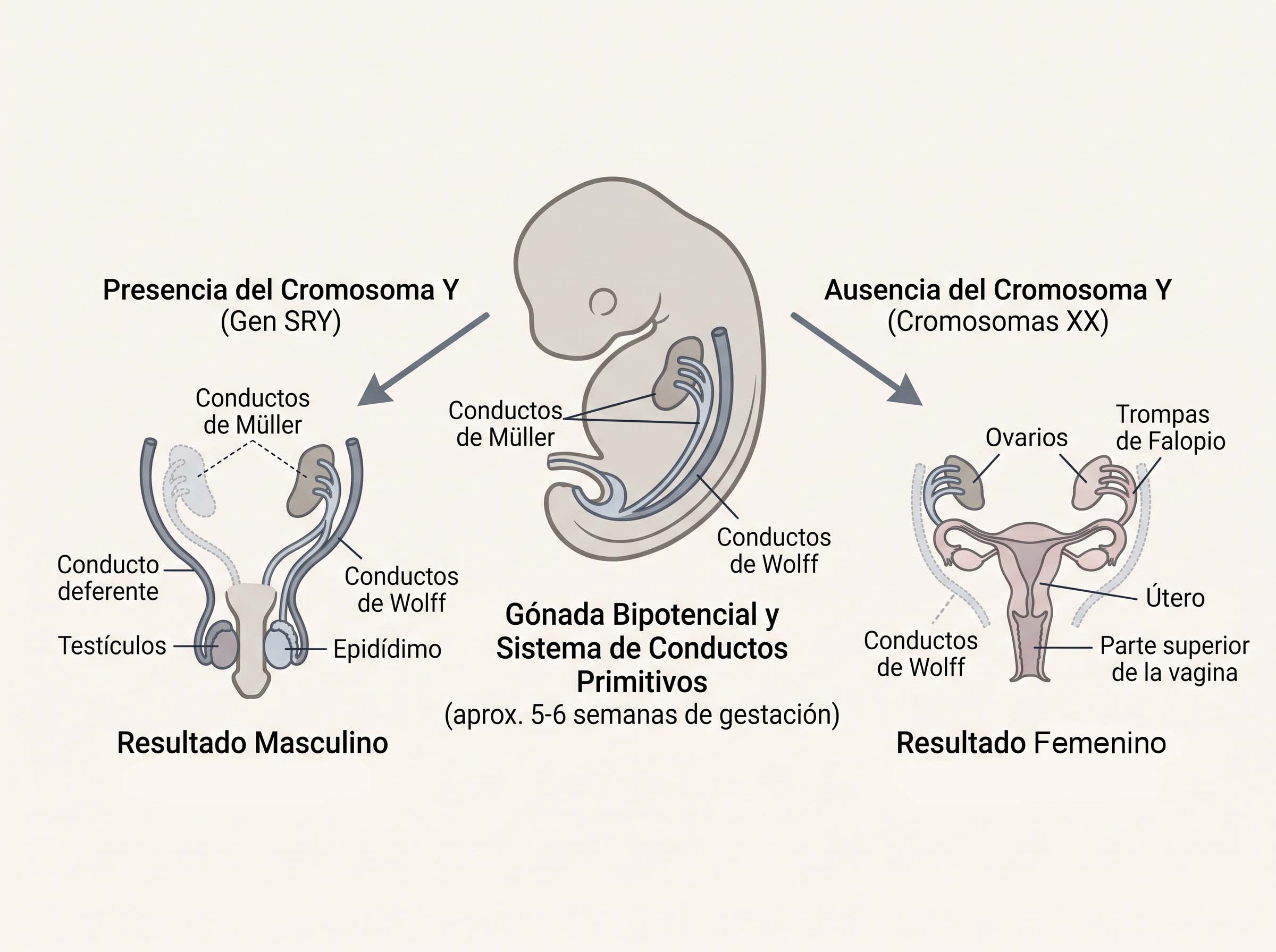 Diagrama educativo que muestra la etapa embrionaria indiferente bifurcándose en dos resultados del desarrollo