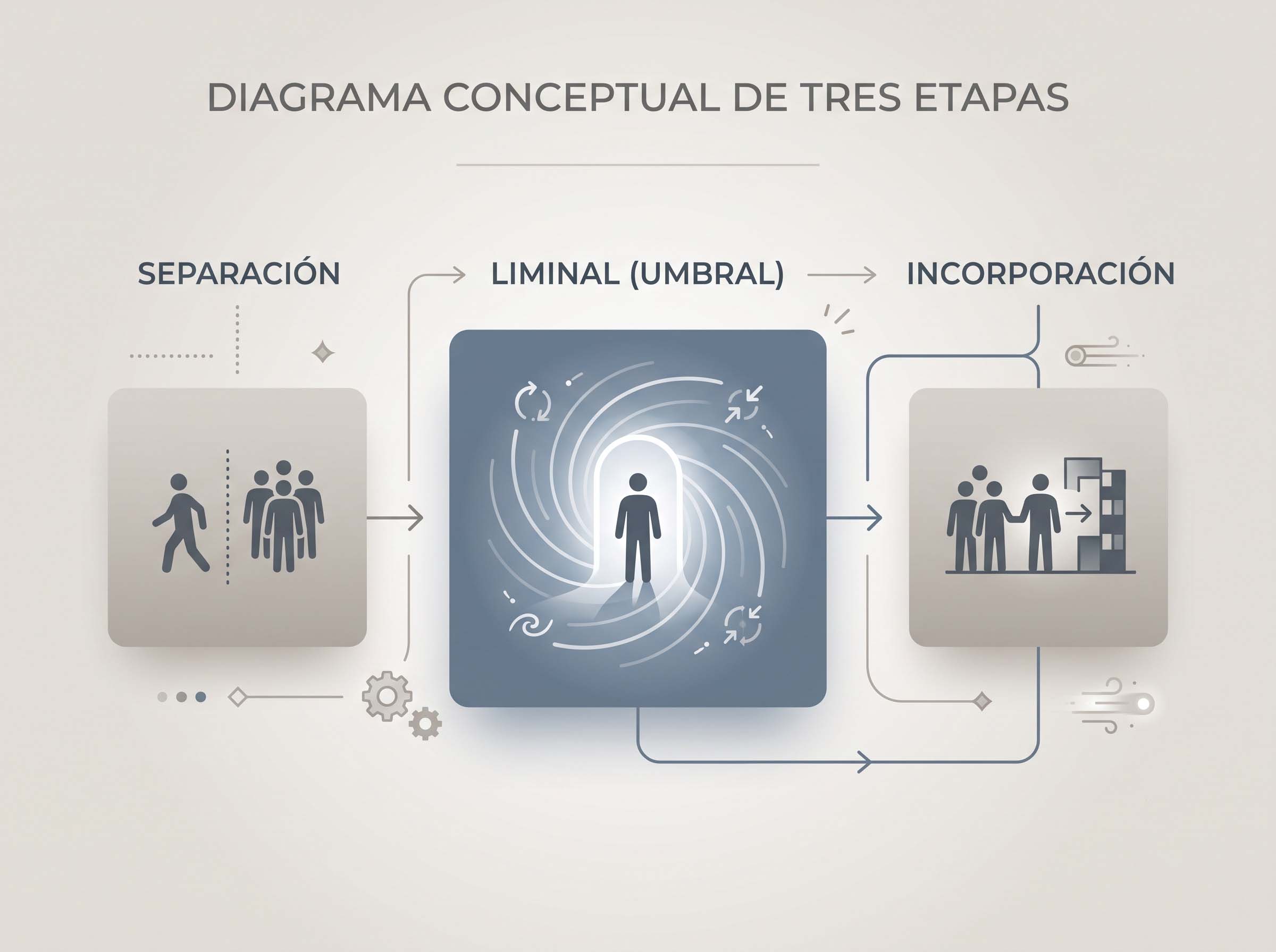 Un diagrama sencillo de tres etapas que muestra las fases de un rito de paso: separación, umbral liminal e incorporación