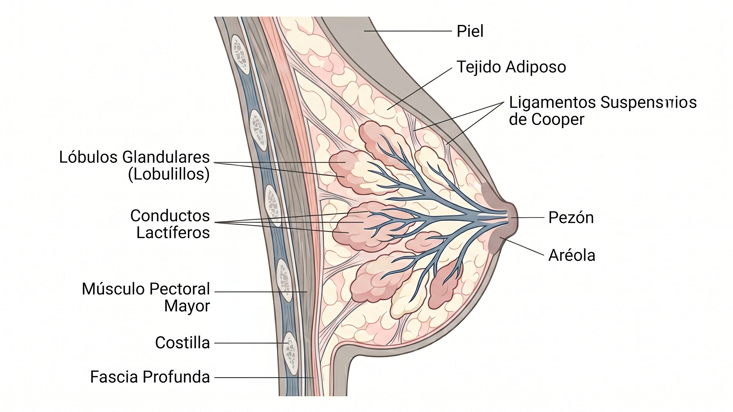 Ilustración anatómica detallada en sección transversal de la mama femenina que muestra lobulillos, conductos, tejido graso y ligamentos de Cooper