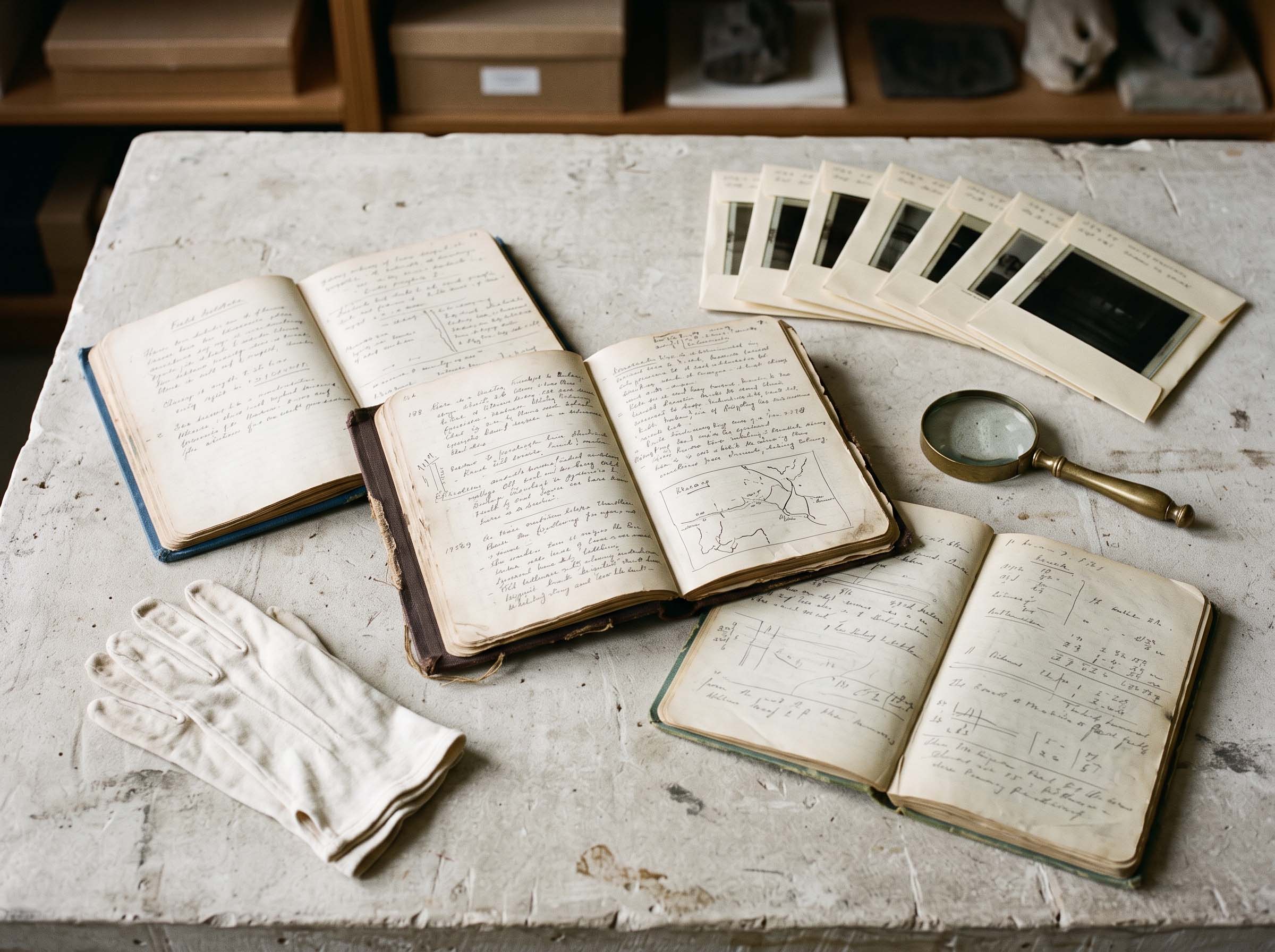 Archival ethnographic field notebooks and glass plate negatives arranged on a museum study table