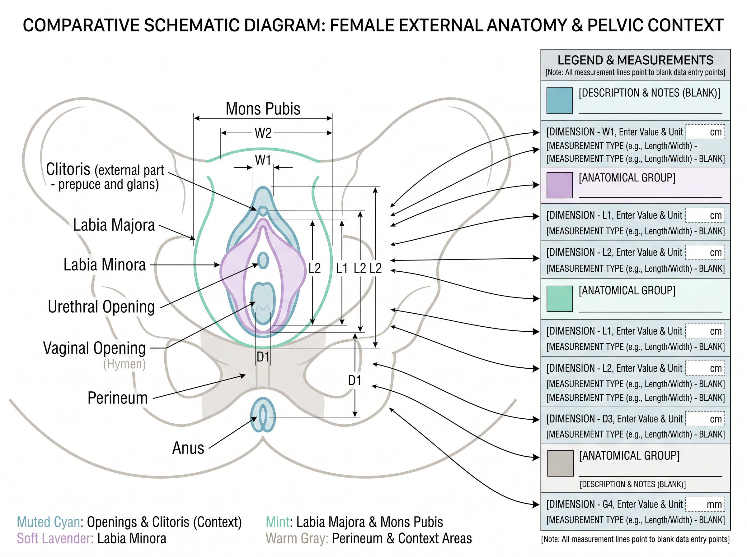 Flat 2D vector schematic of female pelvic outline with labeled measurement landmarks and callout lines, in muted cyan and lavender
