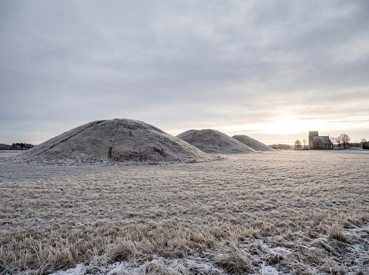 The royal burial mounds at Gamla Uppsala under low winter light