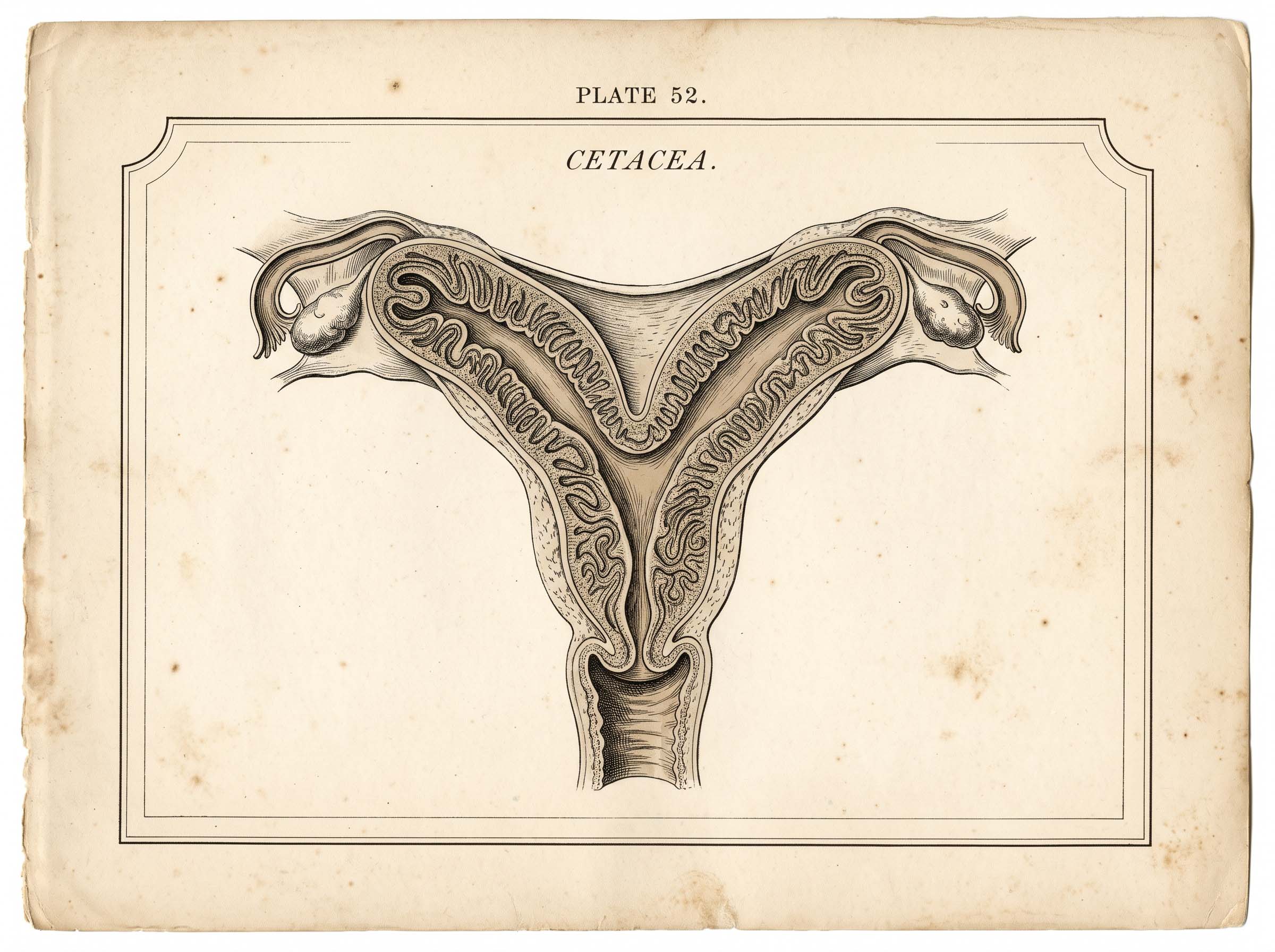 A scientific illustration plate showing the internal reproductive tract structure of a small cetacean