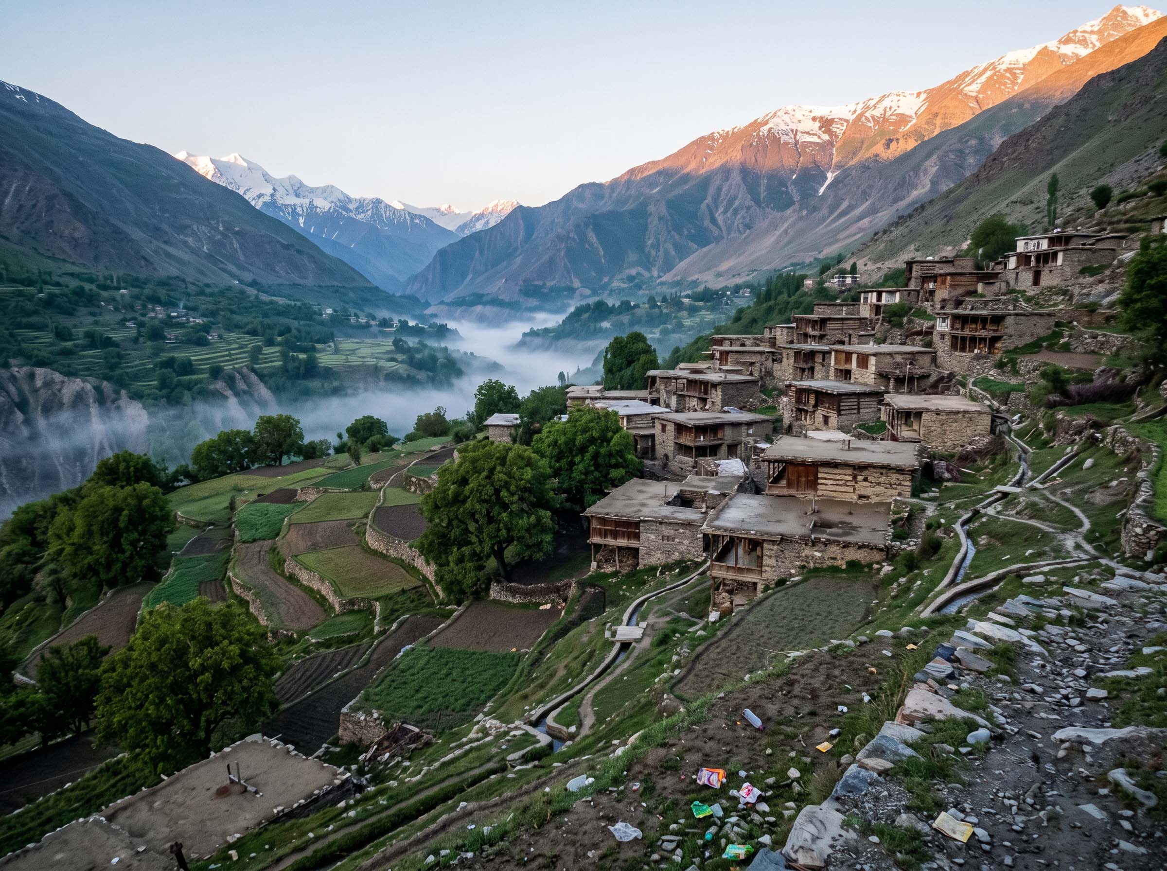 A stone and timber village built into a steep Hindu Kush valley above terraced fields at dawn
