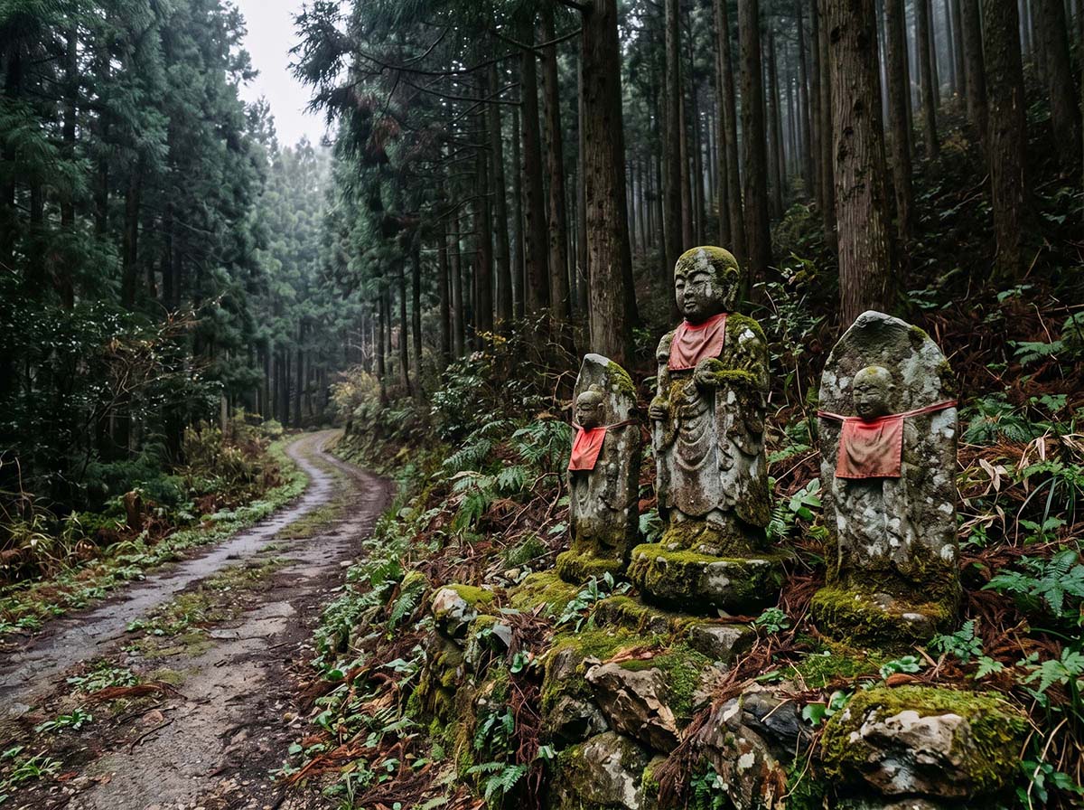 Weathered stone roadside guardian markers beside a rural path in Japan