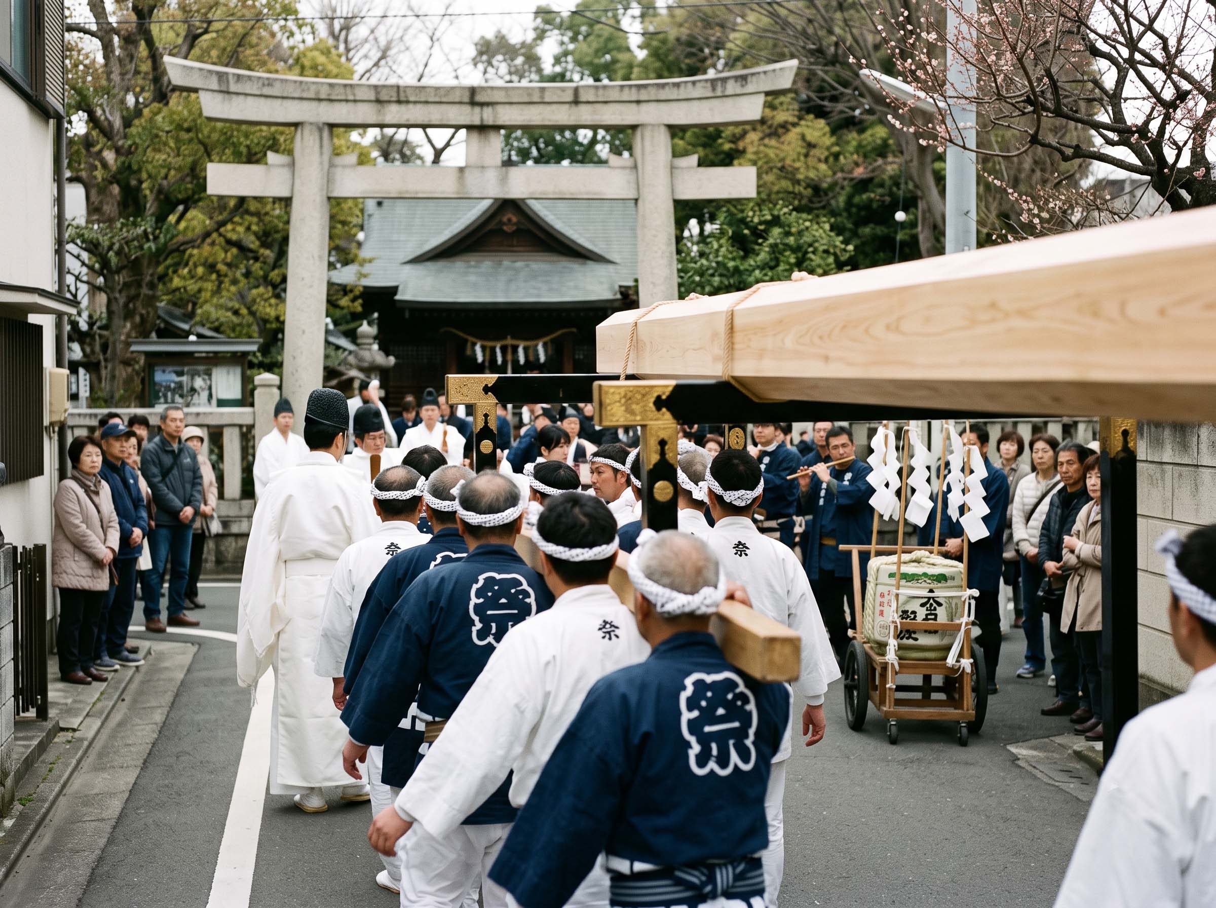 Wooden ceremonial offering carried on a portable shrine during a Japanese spring harvest festival procession