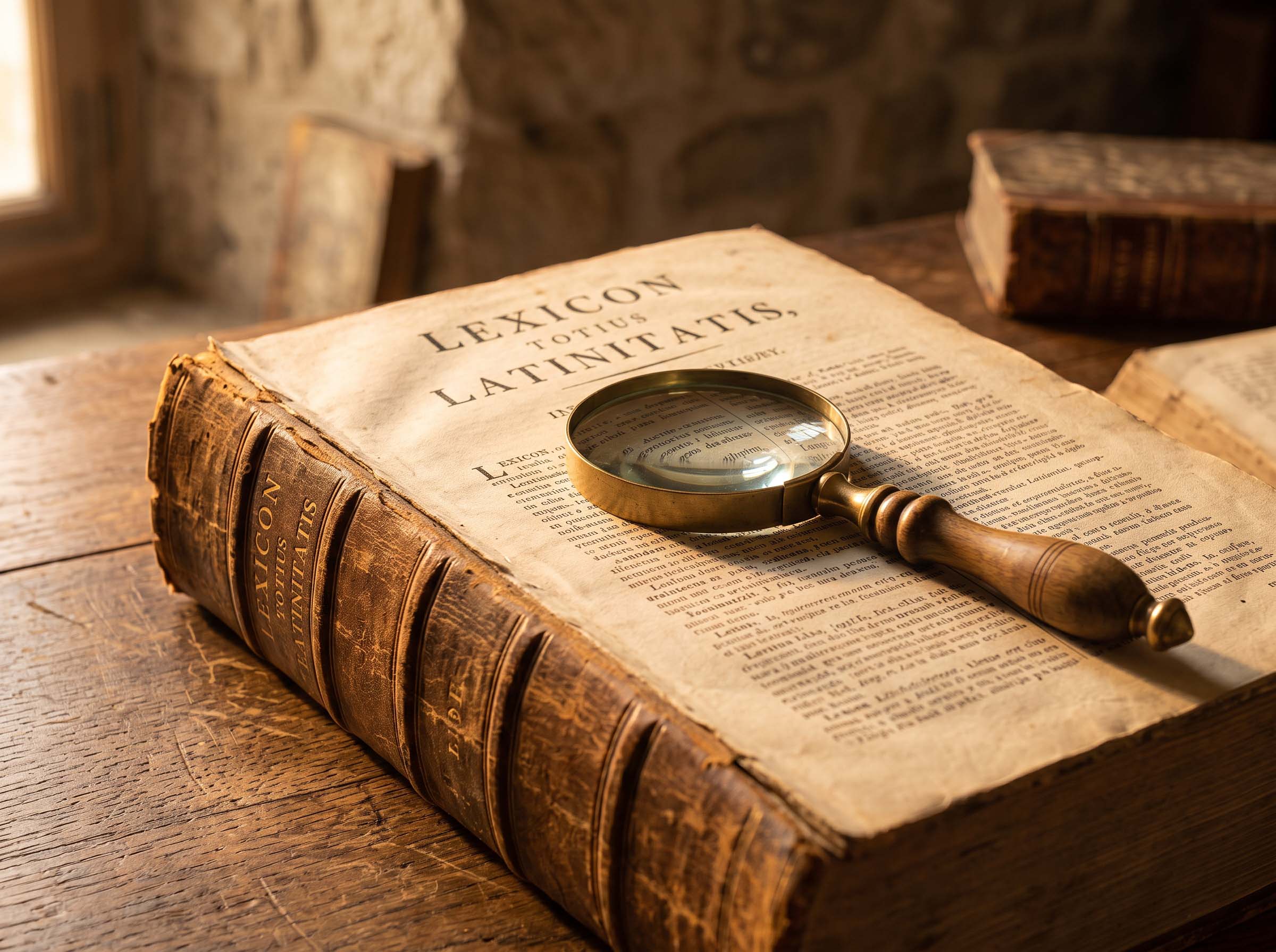 An open Latin dictionary on a wooden desk with a brass magnifying glass resting on the entry for the verb volvere