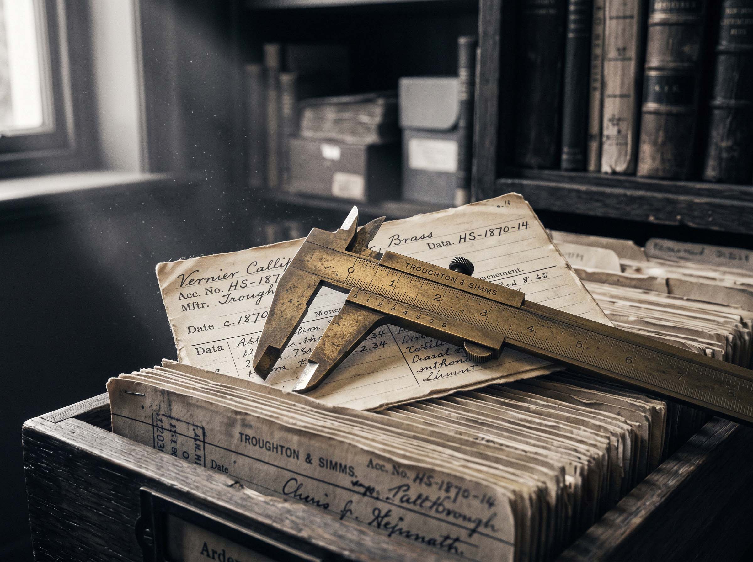 A nineteenth-century measuring caliper and record cards displayed in a history of science archive