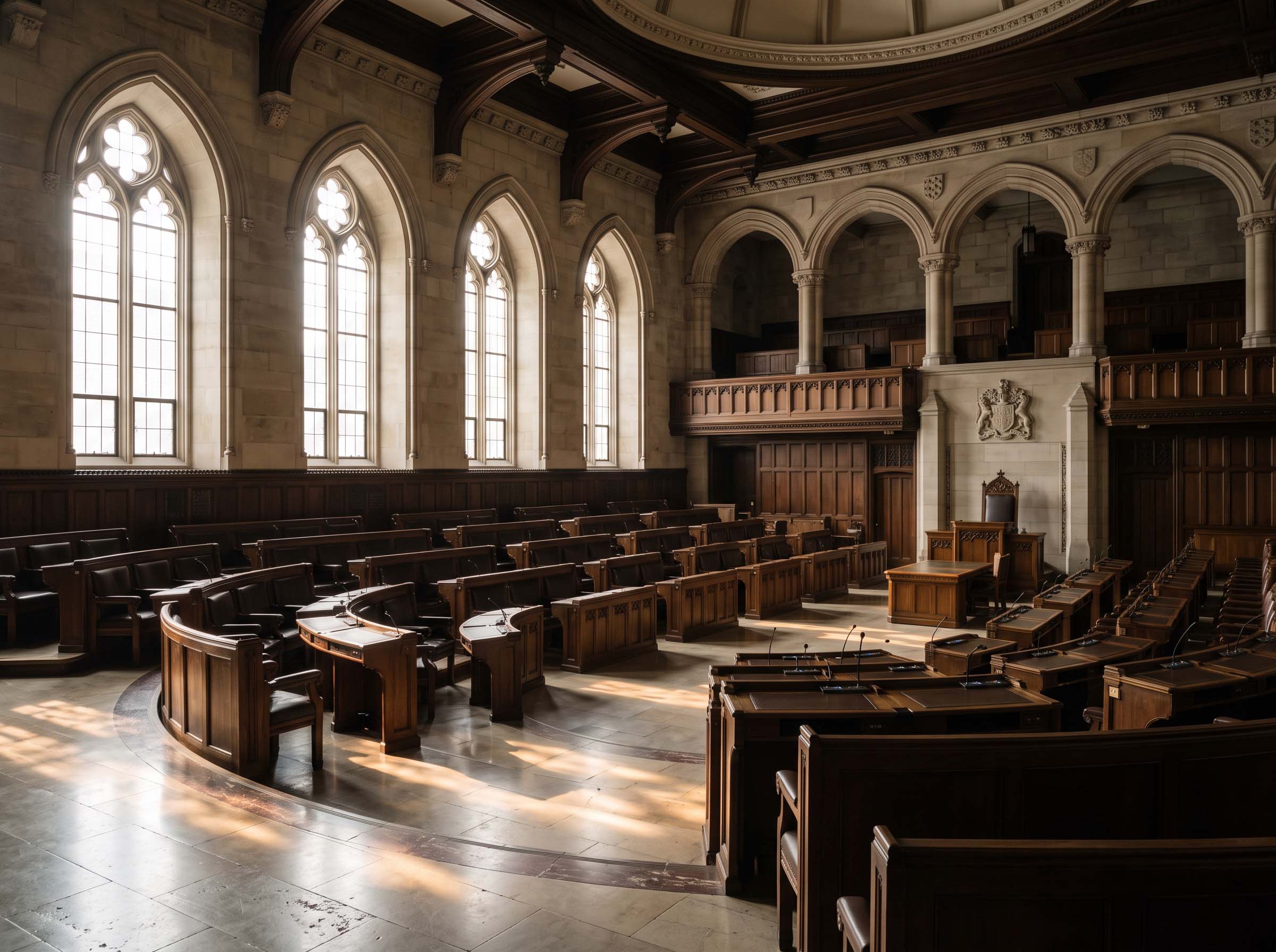 An empty legislative chamber with tiered wooden benches lit by morning light through high windows