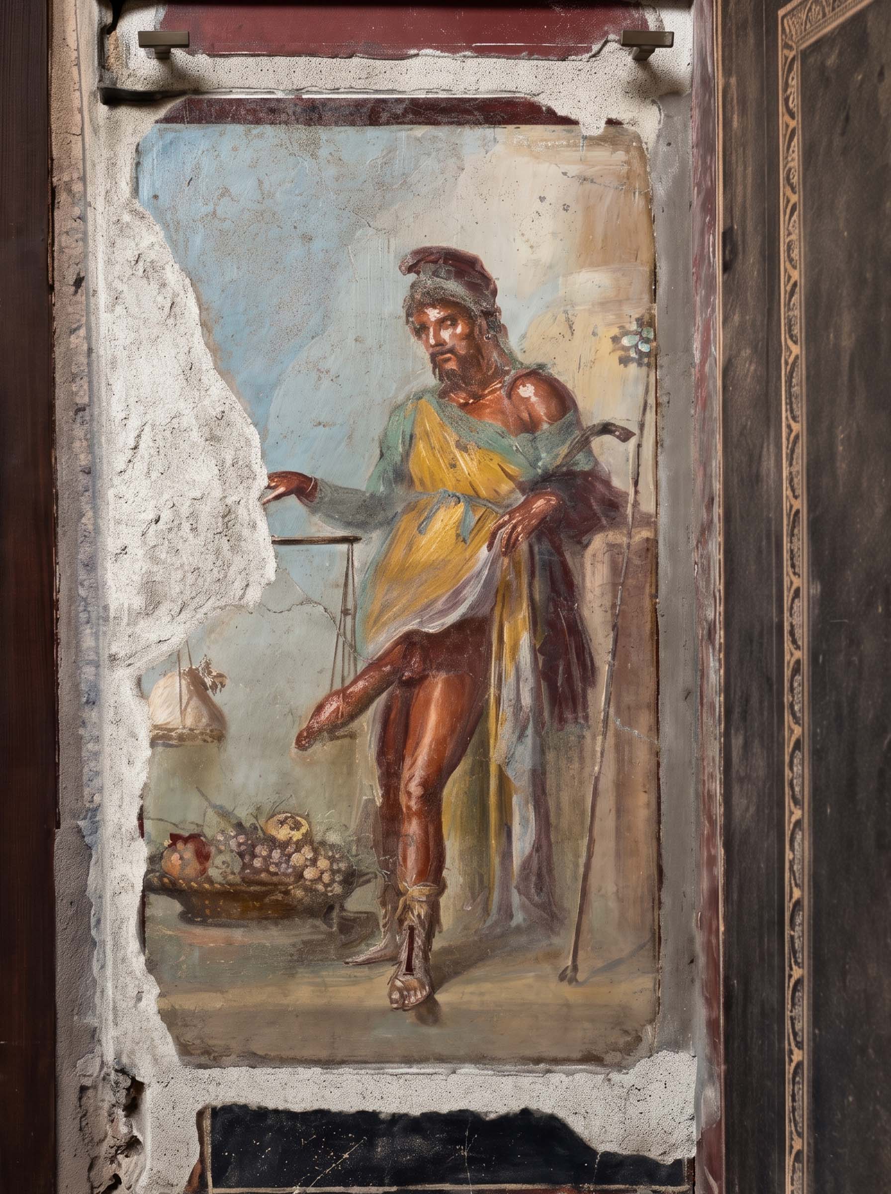 Ancient Roman fresco panel of Priapus in a Phrygian cap holding a balance scale weighed against a bag of coins, a Pompeian symbol of household prosperity