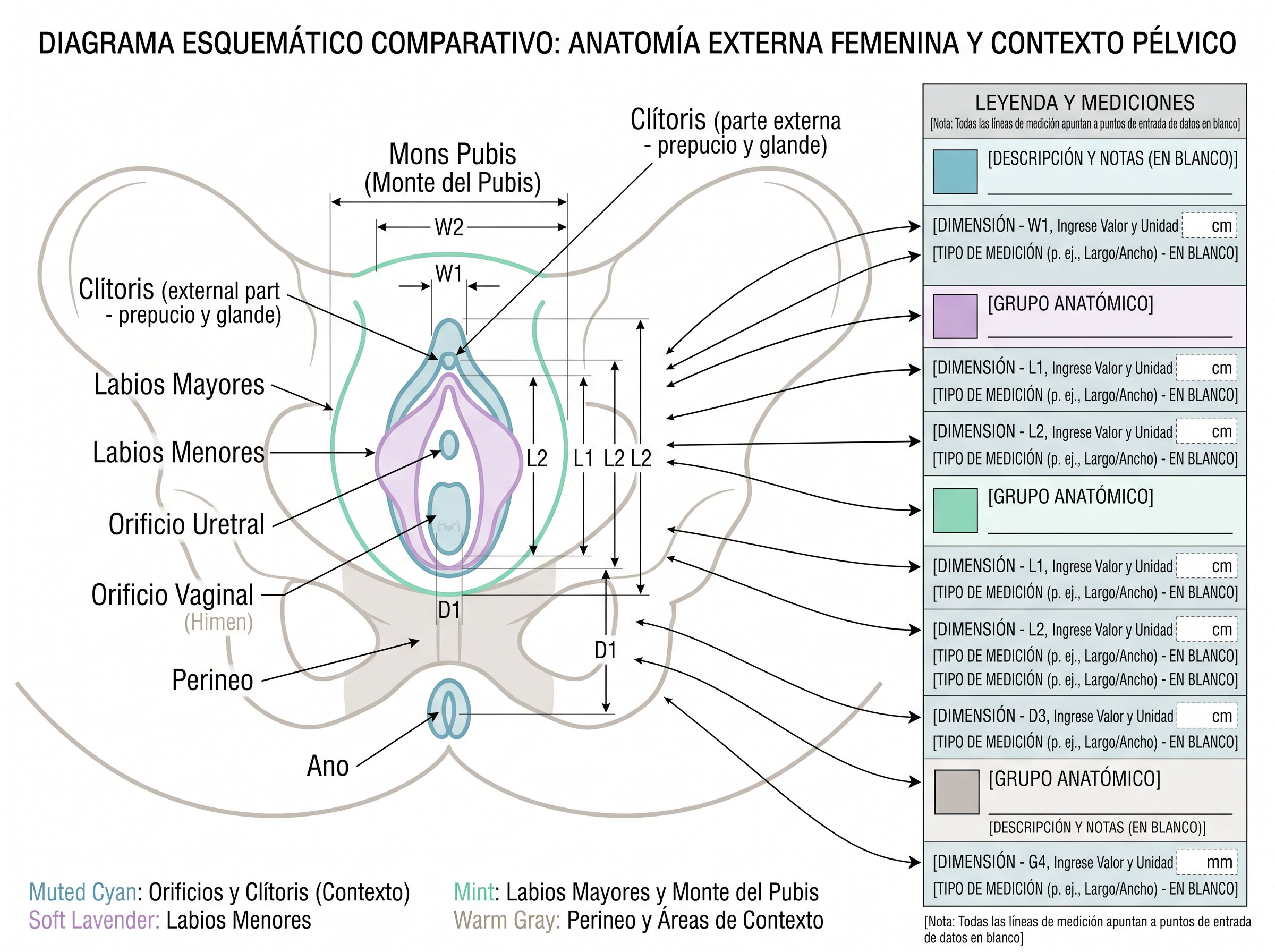 Esquema vectorial plano en 2D del contorno pélvico femenino con puntos de referencia anatómicos de medición etiquetados y líneas explicativas, en tonos cian y lavanda apagados