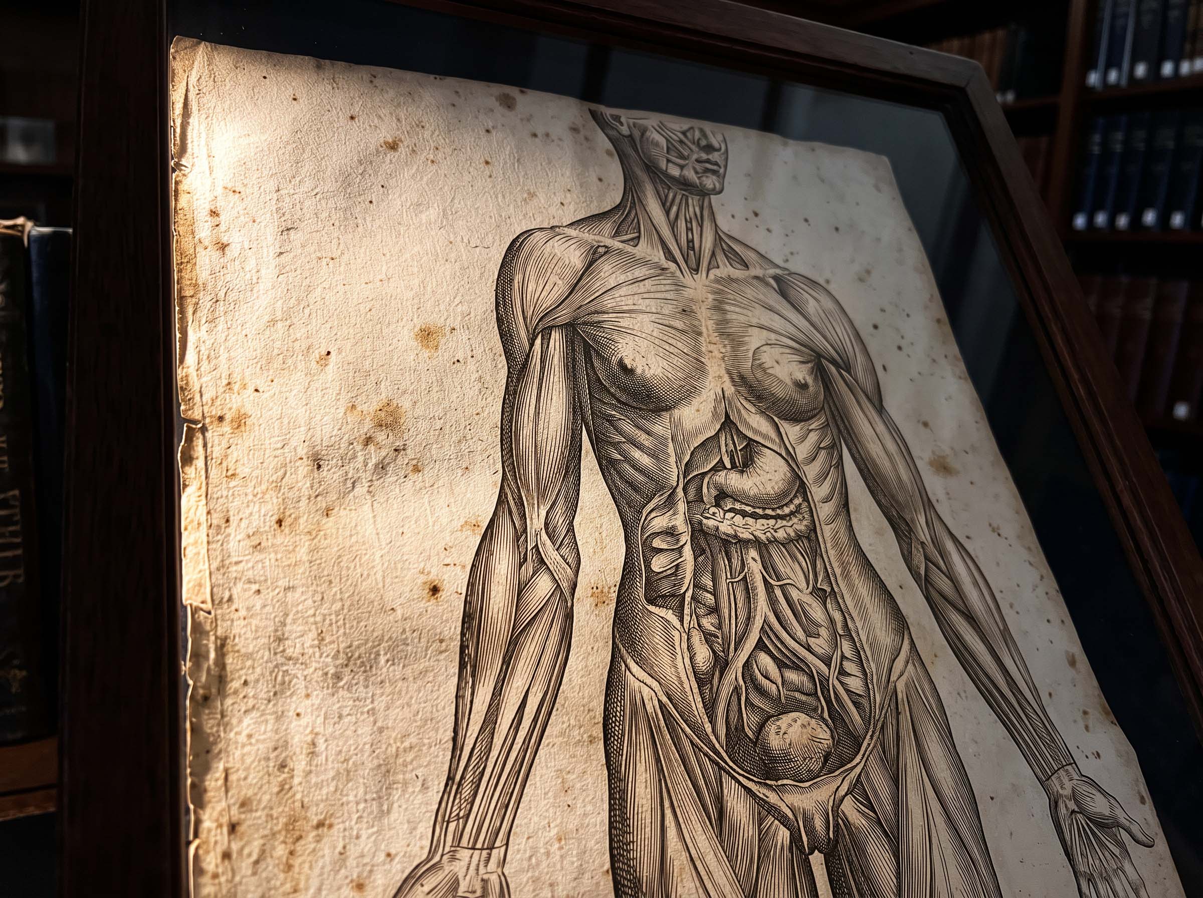 A weathered Renaissance anatomical engraving plate displayed under glass in a rare book library