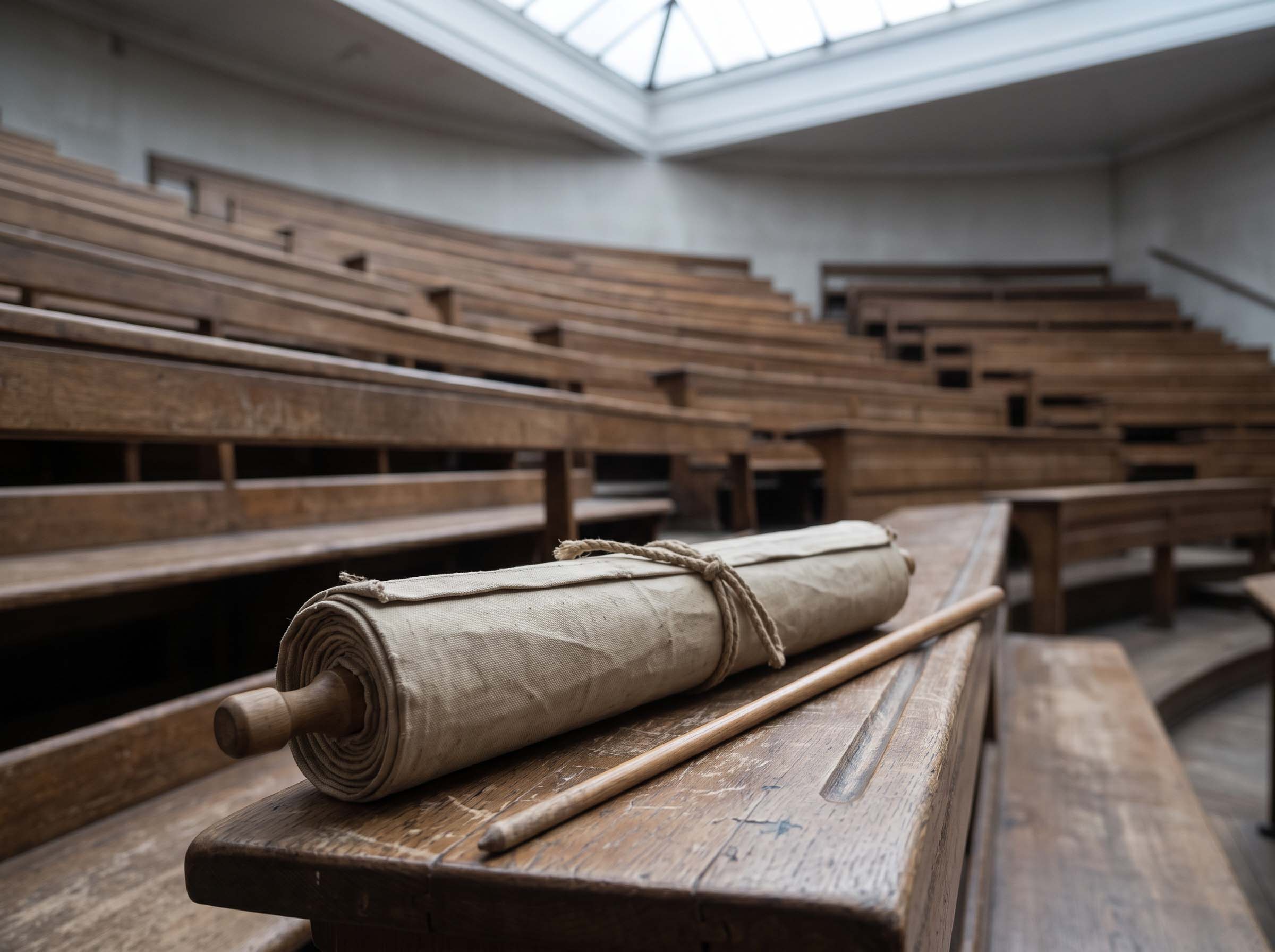 A rolled anatomical teaching chart tied with cord resting on a lecture hall bench beside a wooden pointer