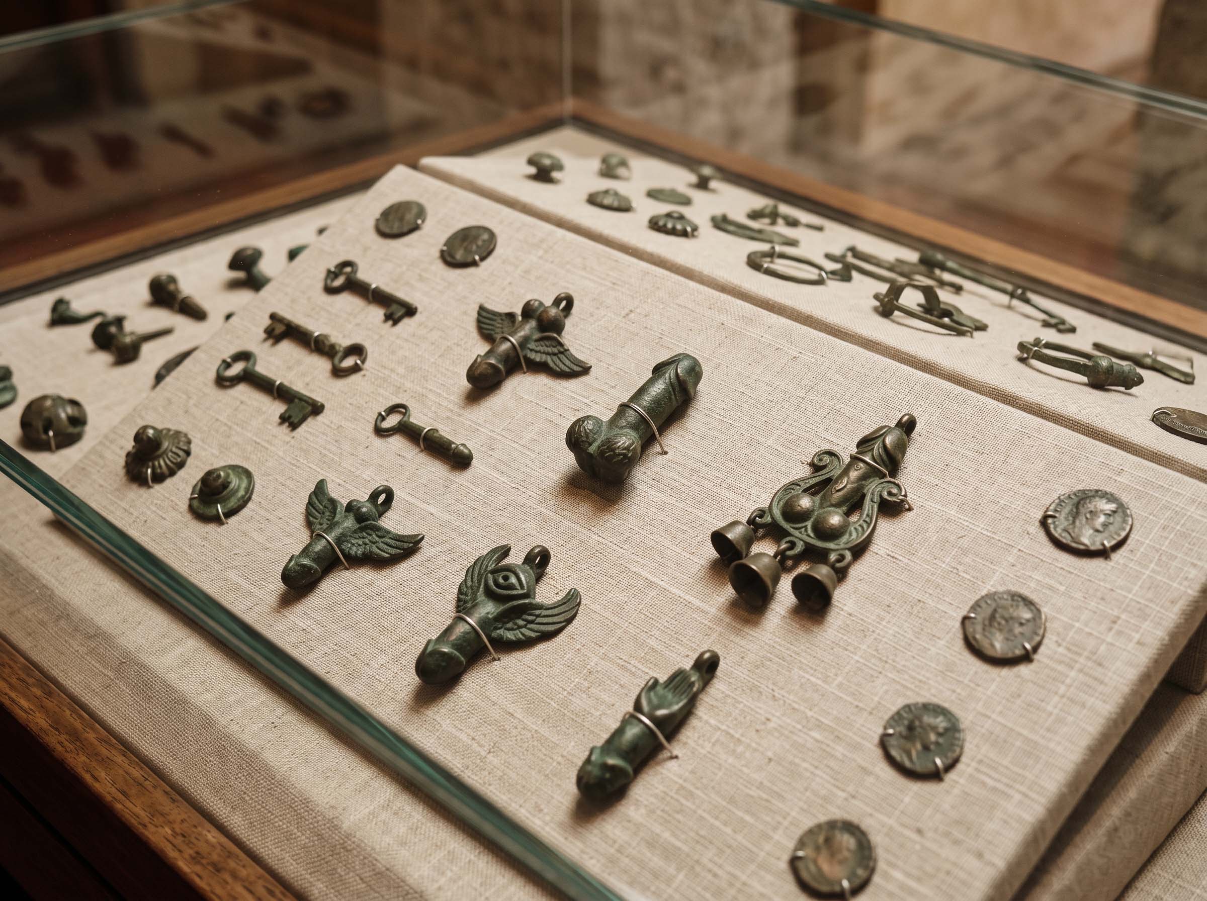 Small Roman bronze protective amulets displayed in a museum vitrine under soft gallery lighting