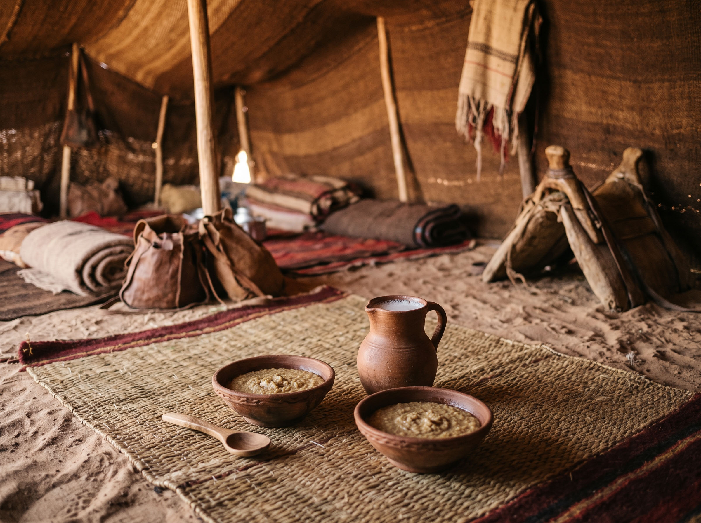 Softly lit interior of a Saharan nomadic tent with bowls of millet porridge and camel milk