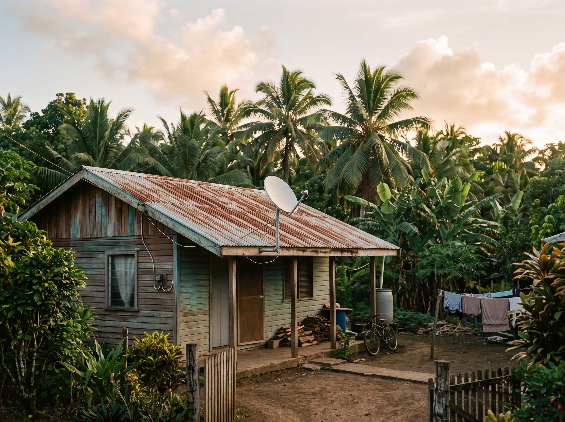 A satellite dish mounted on the roof of a modest home in a rural Pacific island village