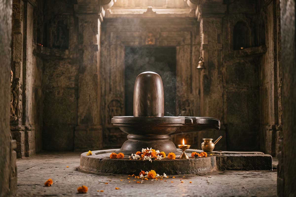 Stone Shiva linga on its yoni base in a temple shrine, a devotional symbol of generative power