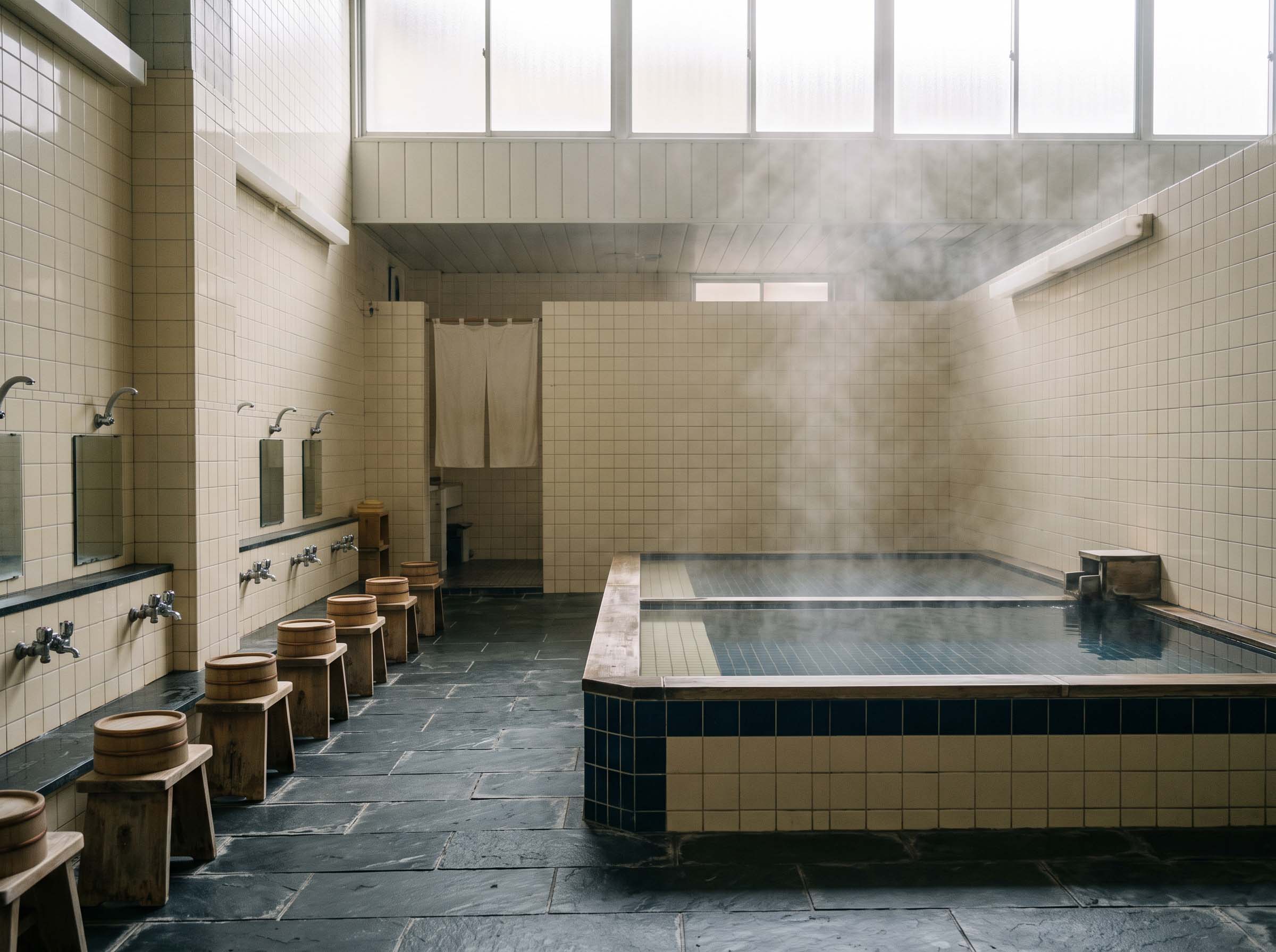 Empty traditional Japanese public bathhouse interior with tiled pool and wooden stools