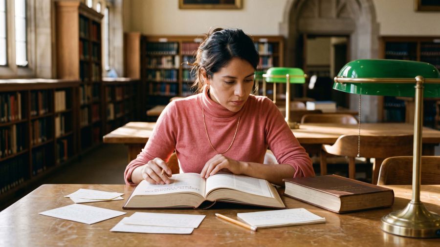 Una mujer estudiando un léxico anatómico latino abierto en una sala de lectura de una biblioteca, ilustrando el origen y el uso correcto del término vulva