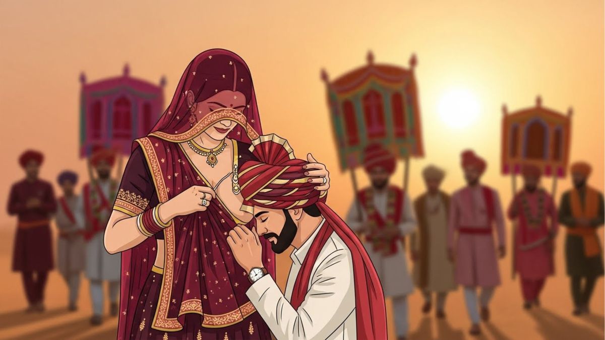 Illustration of Ma ka Doodh Pilana ritual in Rajasthani wedding baraat