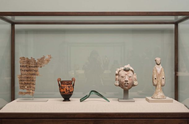 Ancient civilizations body ideals quiz showing Egyptian, Greek, Roman, Maya and Han artefacts in a museum display case