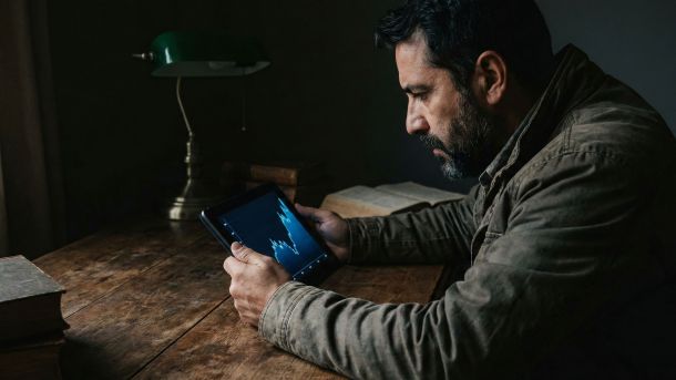 Un hombre analizando críticamente las tendencias de datos en una tableta digital en un estudio.
