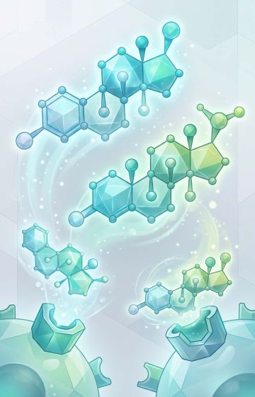 Conceptual digital illustration of hormone molecules interacting with receptor cells, representing the endocrinology of mammary development.