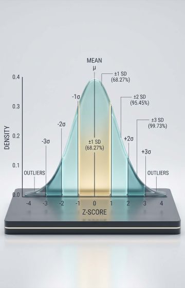 Gaussian bell curve graph illustrating z-scores and population percentile distribution mapping.