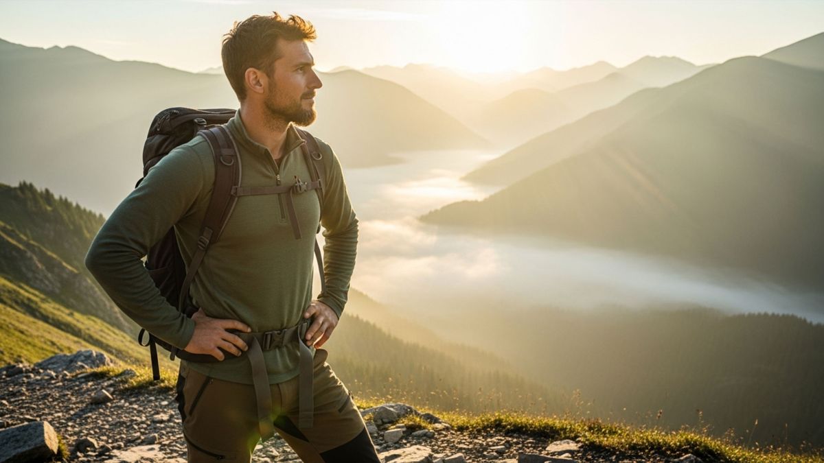 Hombre de pie en un sendero de montaña al amanecer reflexionando sobre su salud y fertilidad