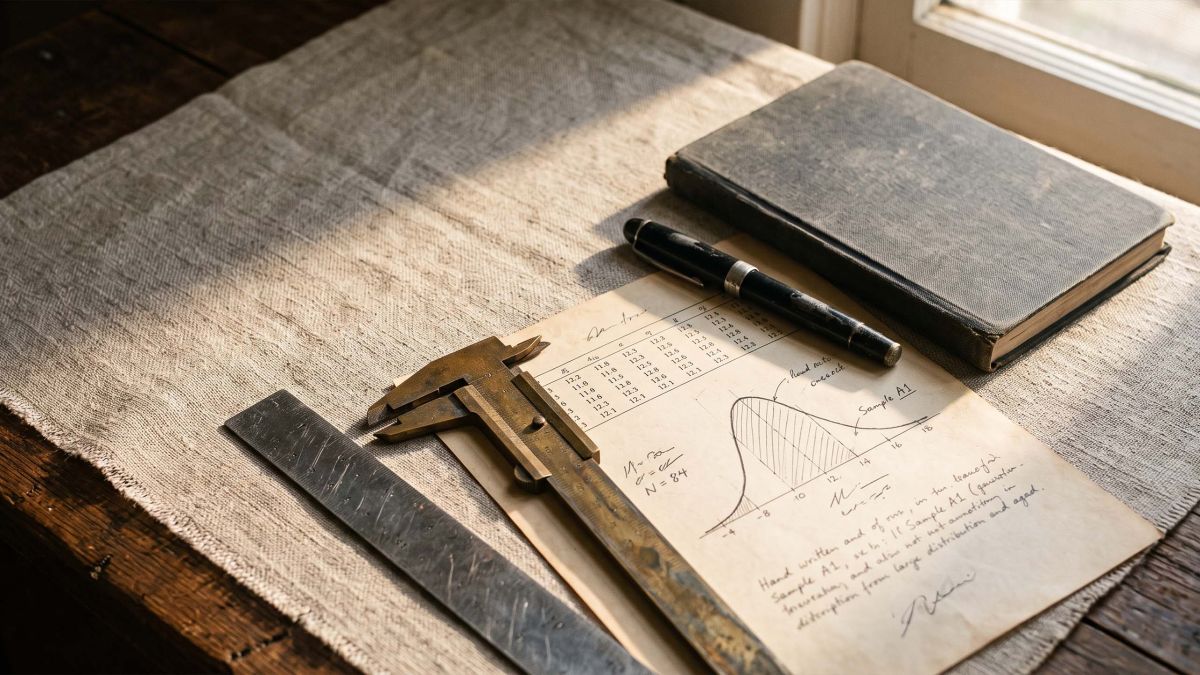 Steel rule, brass calipers and a hand-annotated bell curve on a researcher's desk, illustrating how measurement method changes a reported average