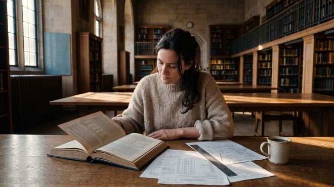 A woman reading published measurement studies and journal pages at a library table, illustrating research on the documented range of labia minora size