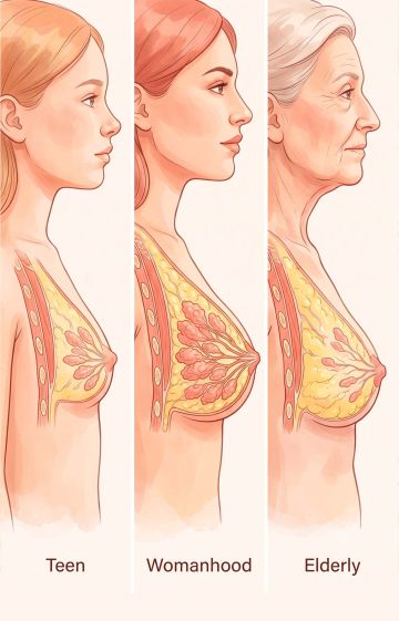 Linear timeline infographic depicting chronological stages of breast tissue development and changes from adolescence to adulthood.