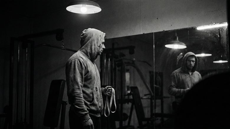 Un hombre examinando su reflejo, simbolizando la presión de las estadísticas físicas masculinas.