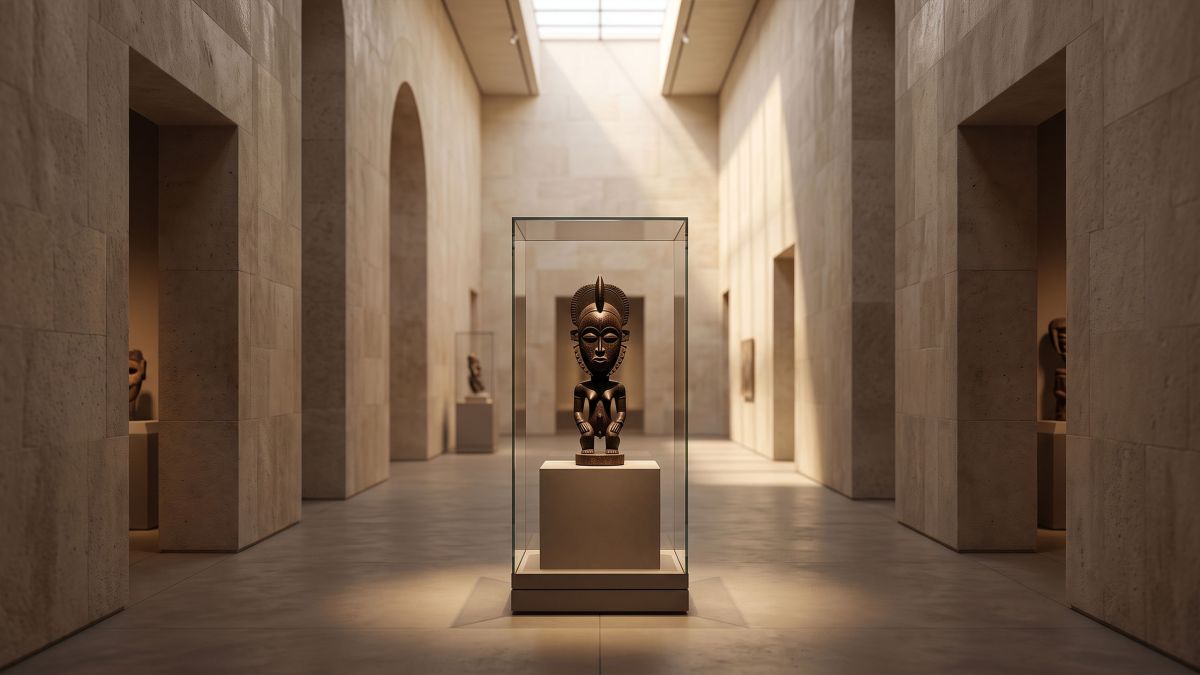 Museum vitrine with a West African ceremonial object, illustrating the anthropology of female genital modification and ritual body significance
