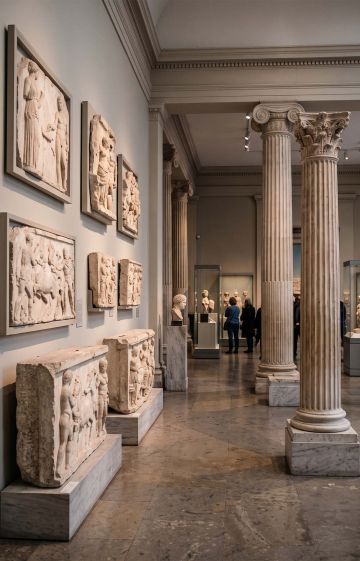 Ancient museum columns and reliefs representing historical body ideals in early civilizations.